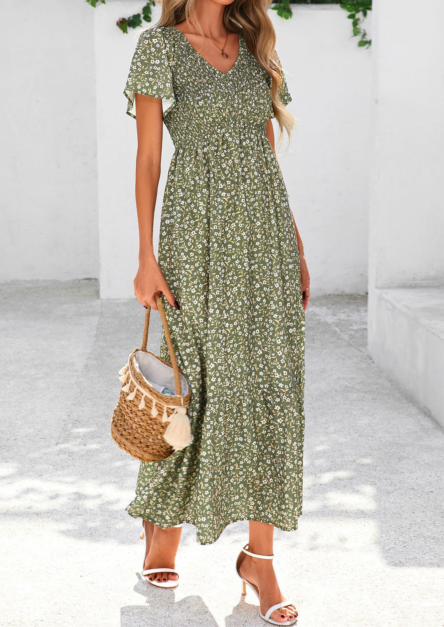 Women Floral Boho Maxi Dresses Short Sleeve V Neck Smocked A Line Long Flowy Beach Vacation Dress