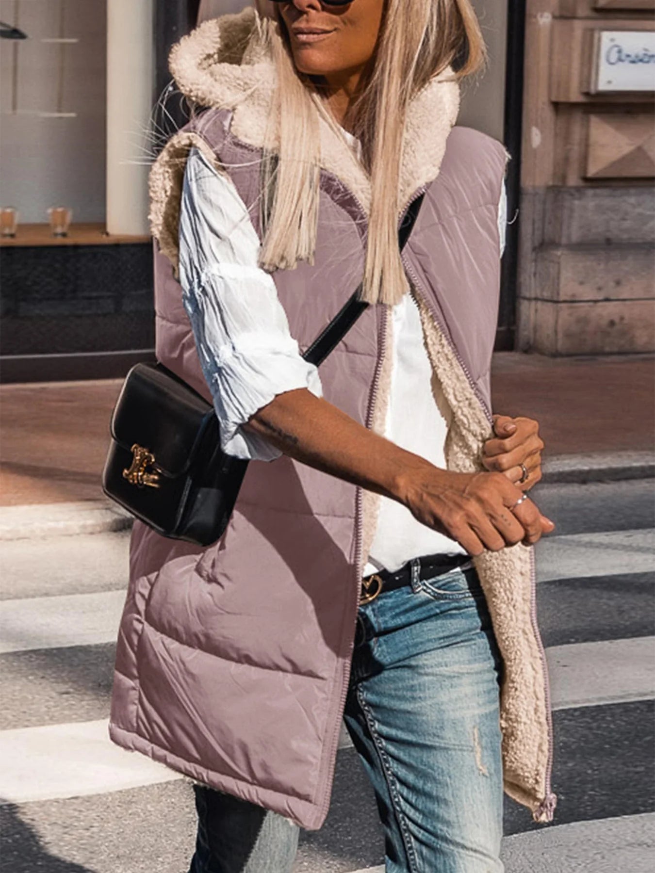 Womens Fall Reversible Vests Sleeveless Fleece Jacket Zip Up Hoodie Pockets Long Warm Winter Coat Outerwear