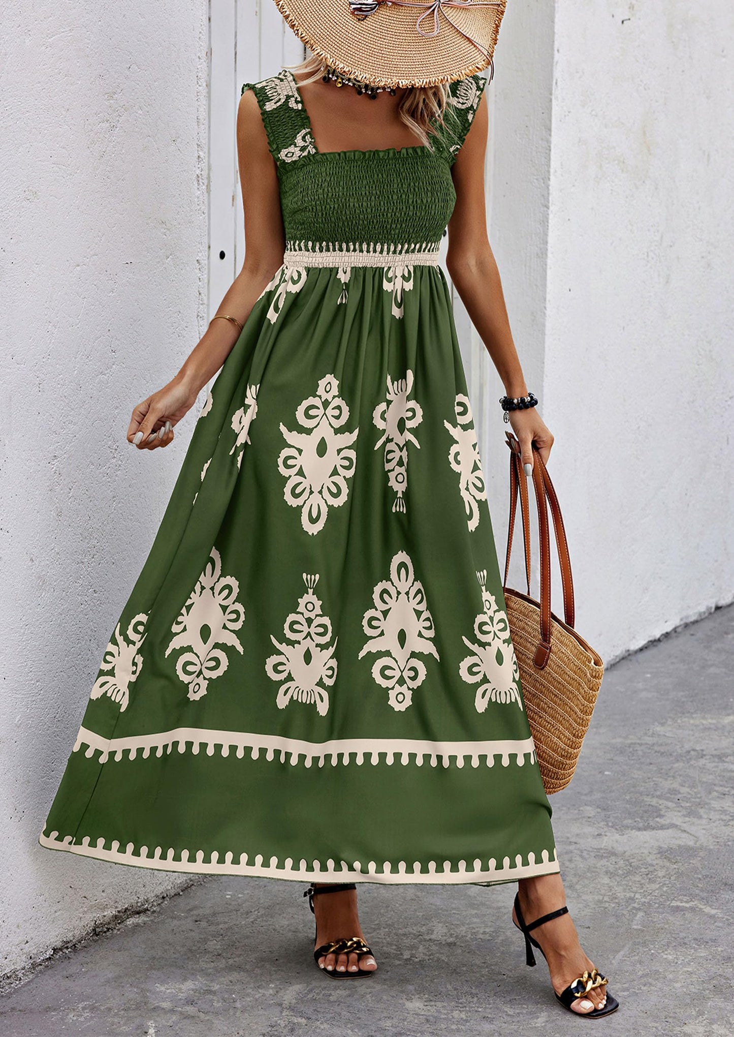 Womens Summer Boho Maxi Dress Casual Sleeveless Square Neck Floral Aline Smocked Beach Dresses with Pockets