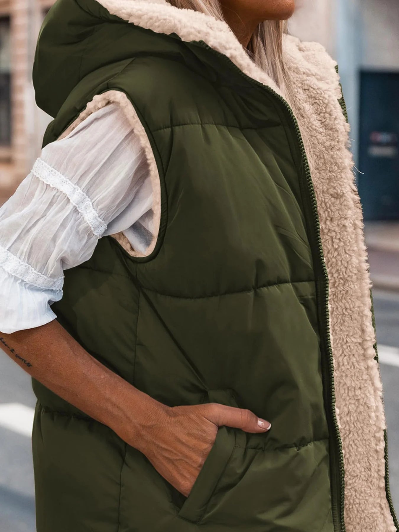 Womens Fall Reversible Vests Sleeveless Fleece Jacket Zip Up Hoodie Pockets Long Warm Winter Coat Outerwear