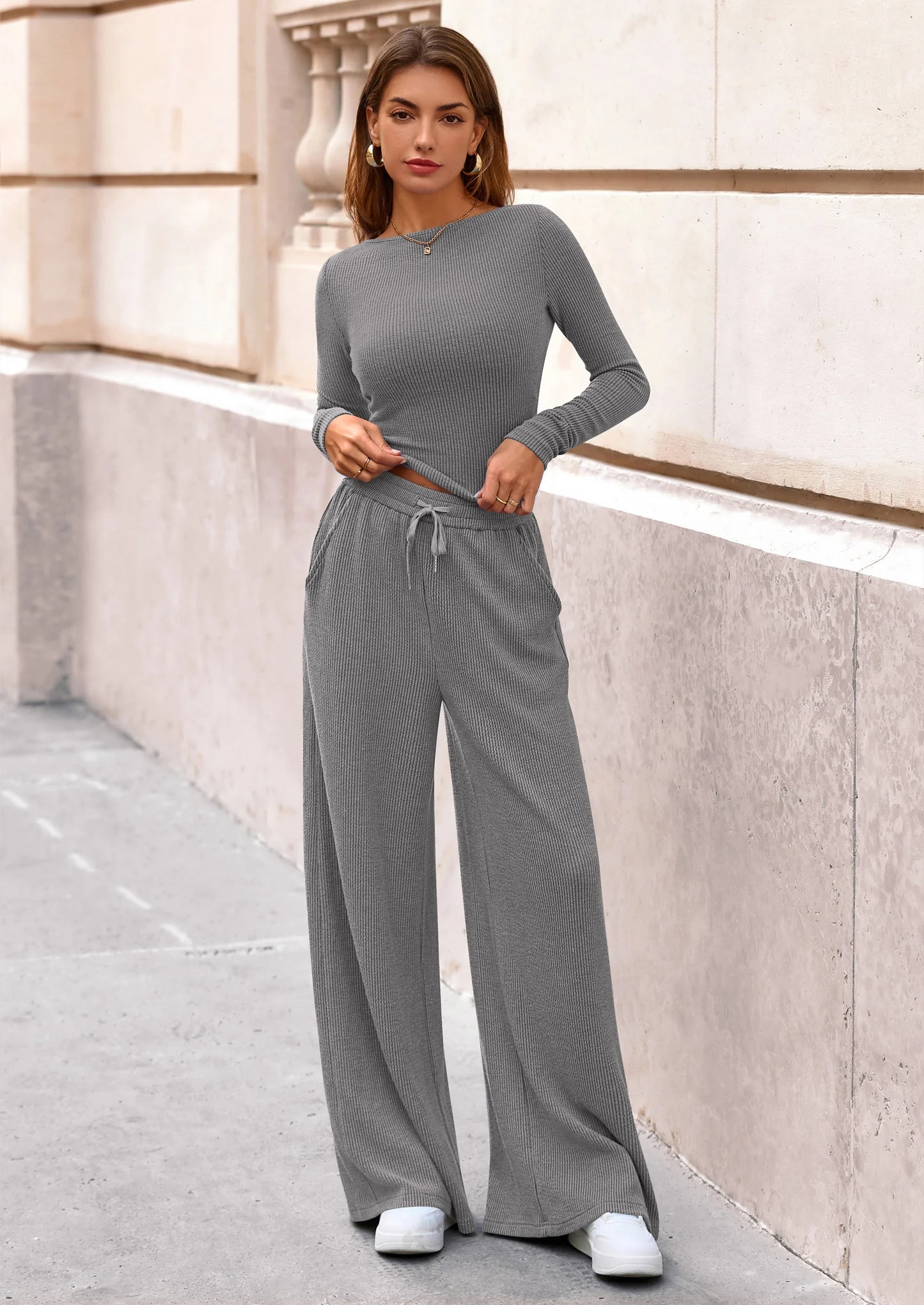 Women's 2 Piece Lounge Sets Fall Fashion Long Sleeve Crop Top Wide Leg Pants Matching Sets Clothing