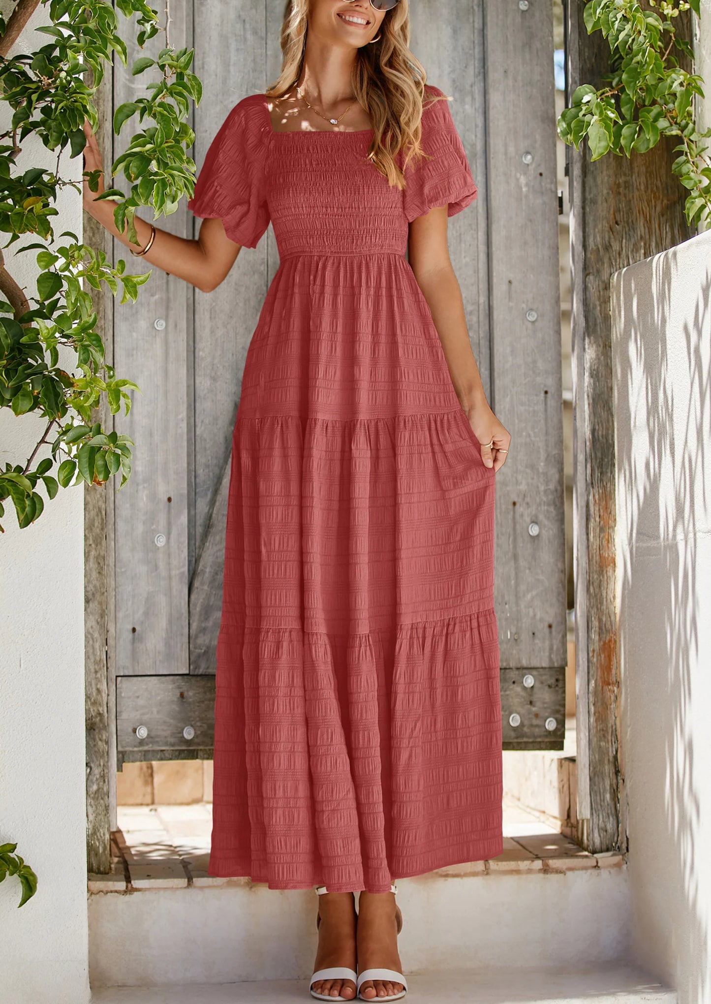 Womens Summer Puff Short Sleeve Maxi Dress Square Neck Smocked Tiered Ruffle A Line Long Flowy Beach Dresses