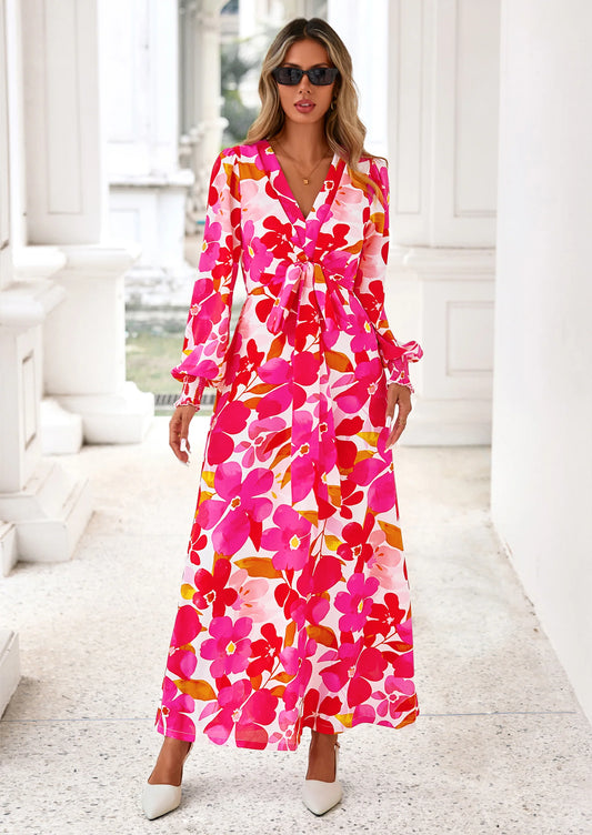Women's Fall Boho Maxi Dress Floral Long Sleeve V Neck Flowy Belted Elegant Holiday Party Dresses