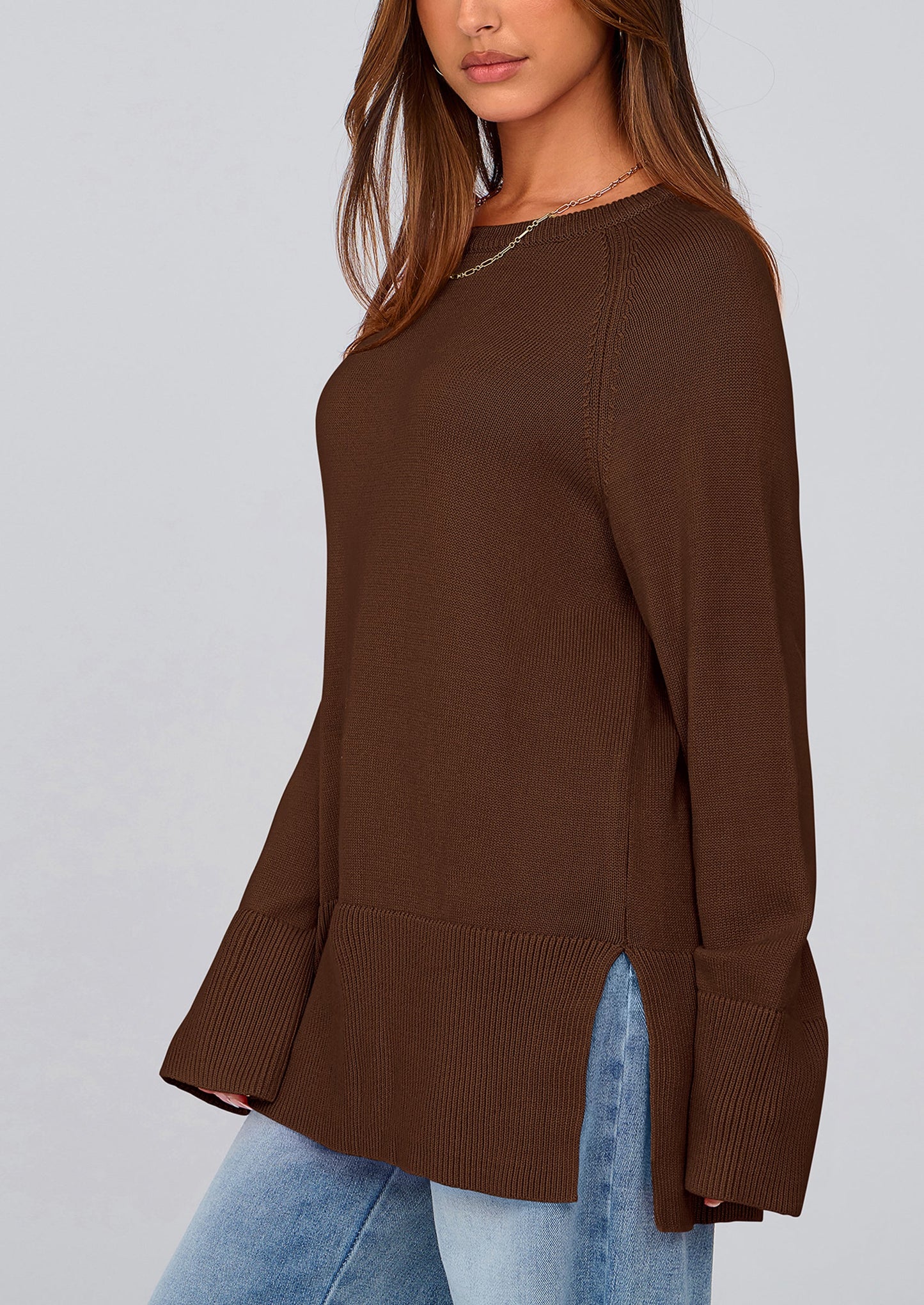Women's Knit Fall Sweaters Long Sleeve Pullover Crewneck Split Hem Oversized Tunic Sweater Tops Winter Clothing