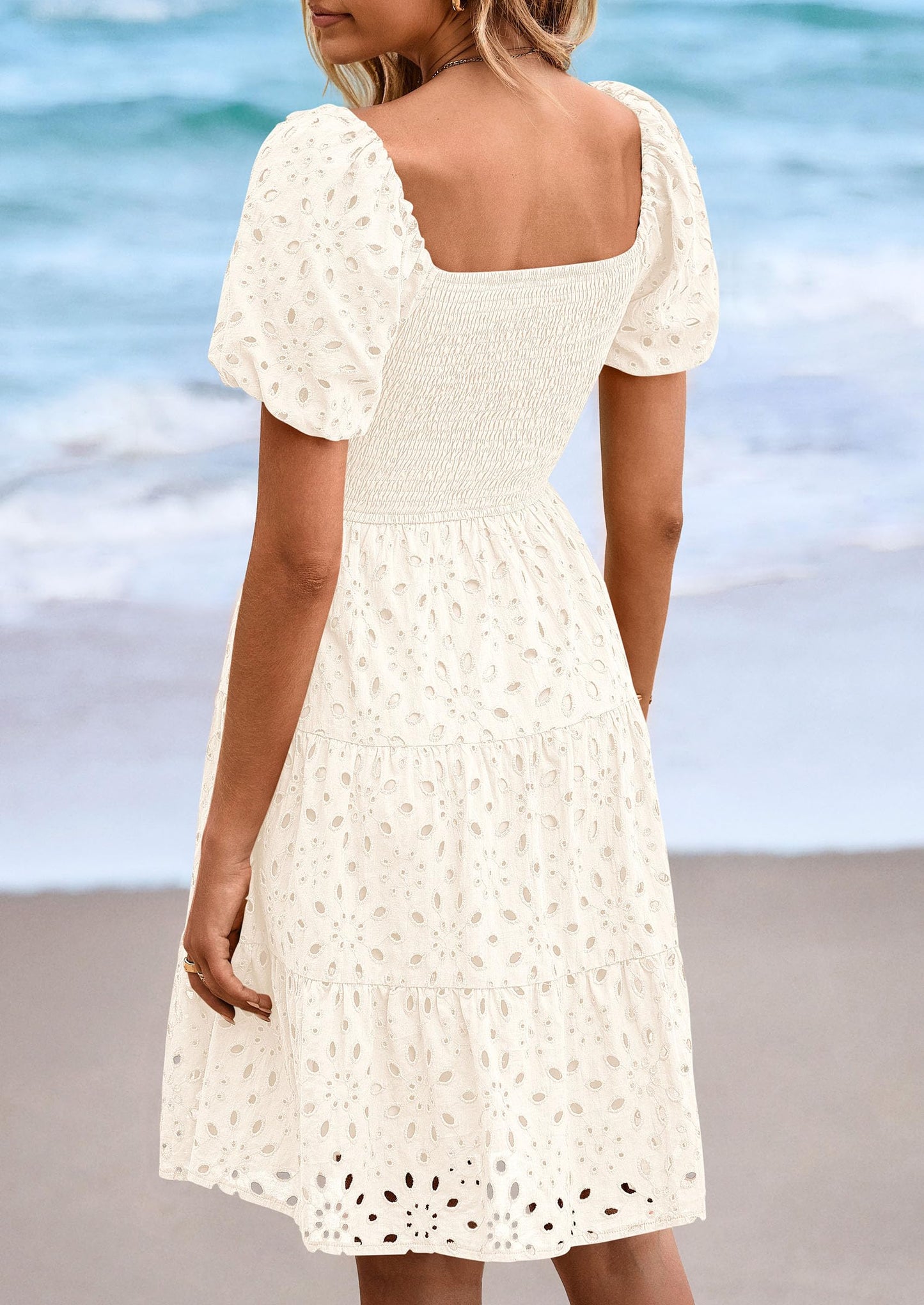 Womens Summer Puff Sleeve Mini Dress Off Shoulder Eyelet Smocked A Line Casual Babydoll Short Dresses