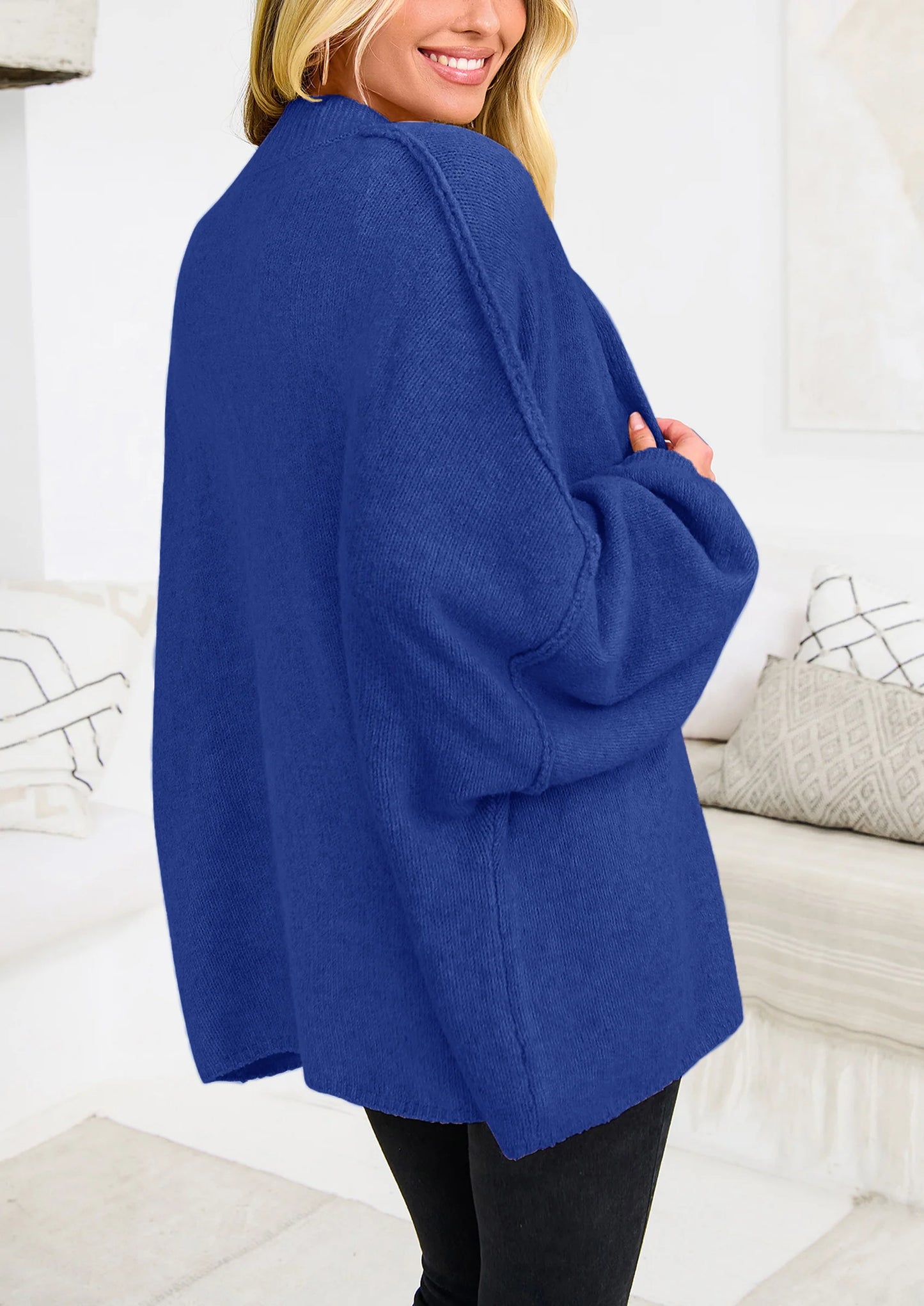 Women's Winter Button Down Cardigan Sweaters Mock Neck Lantern Long Sleeve Chunky Knit Jacket Trendy Outerwear