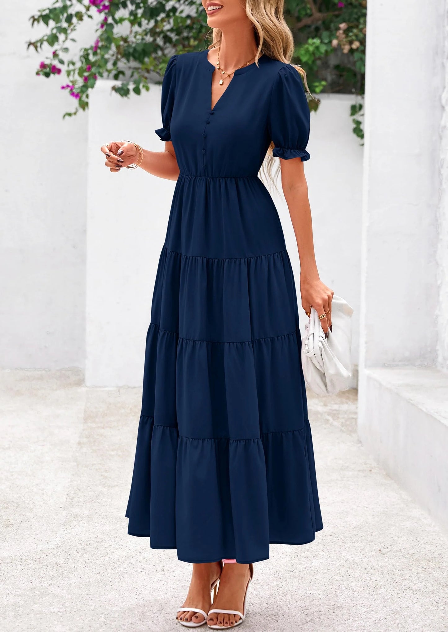 Women's Casual Short Sleeve V Neck Midi Dresses Spring A-line Tiered Wedding Guest Dress