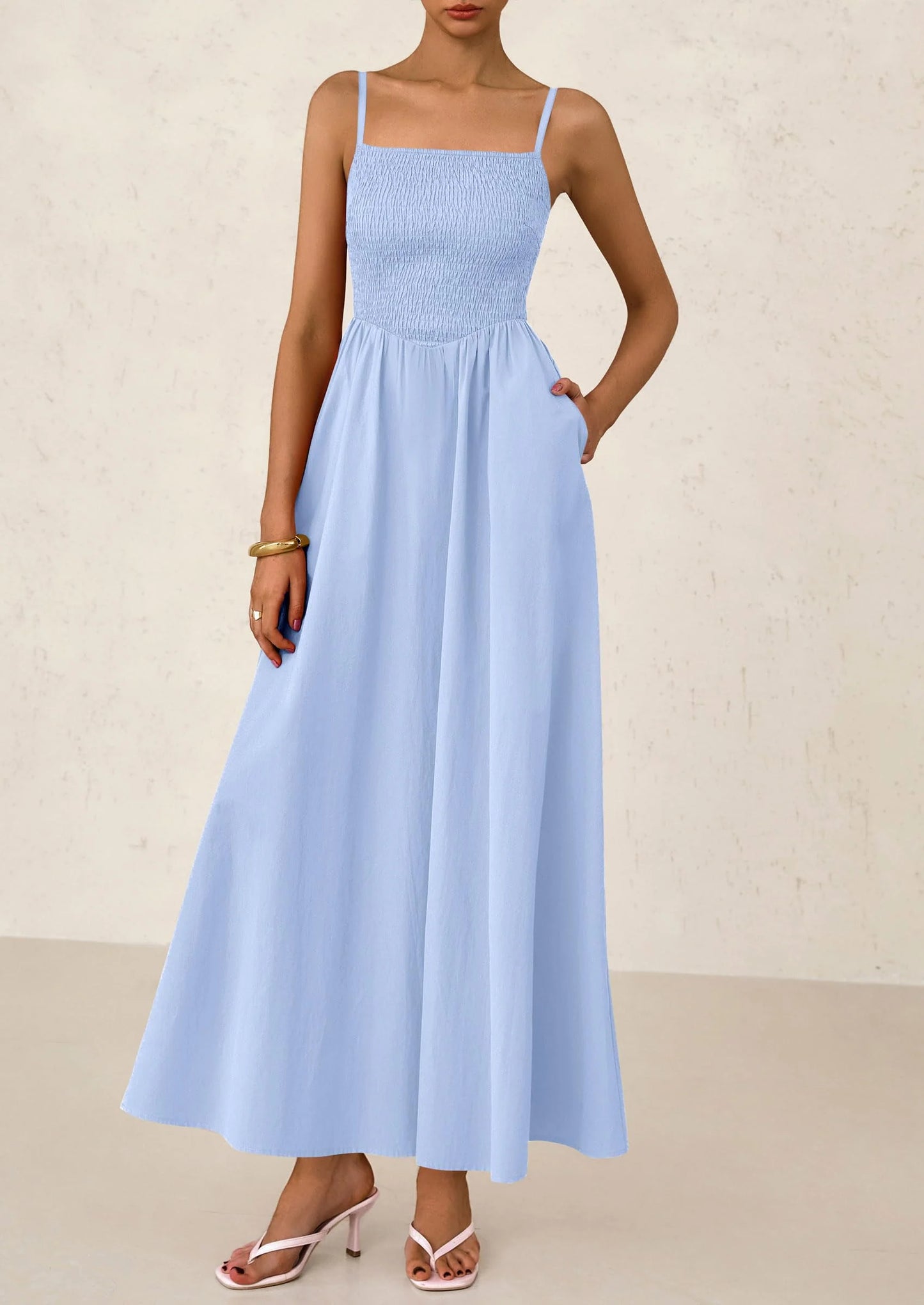 Women's Smocked Maxi Dresses Beach Sundress Casual Spaghetti Strap Swing A Line Long Flowy Dress