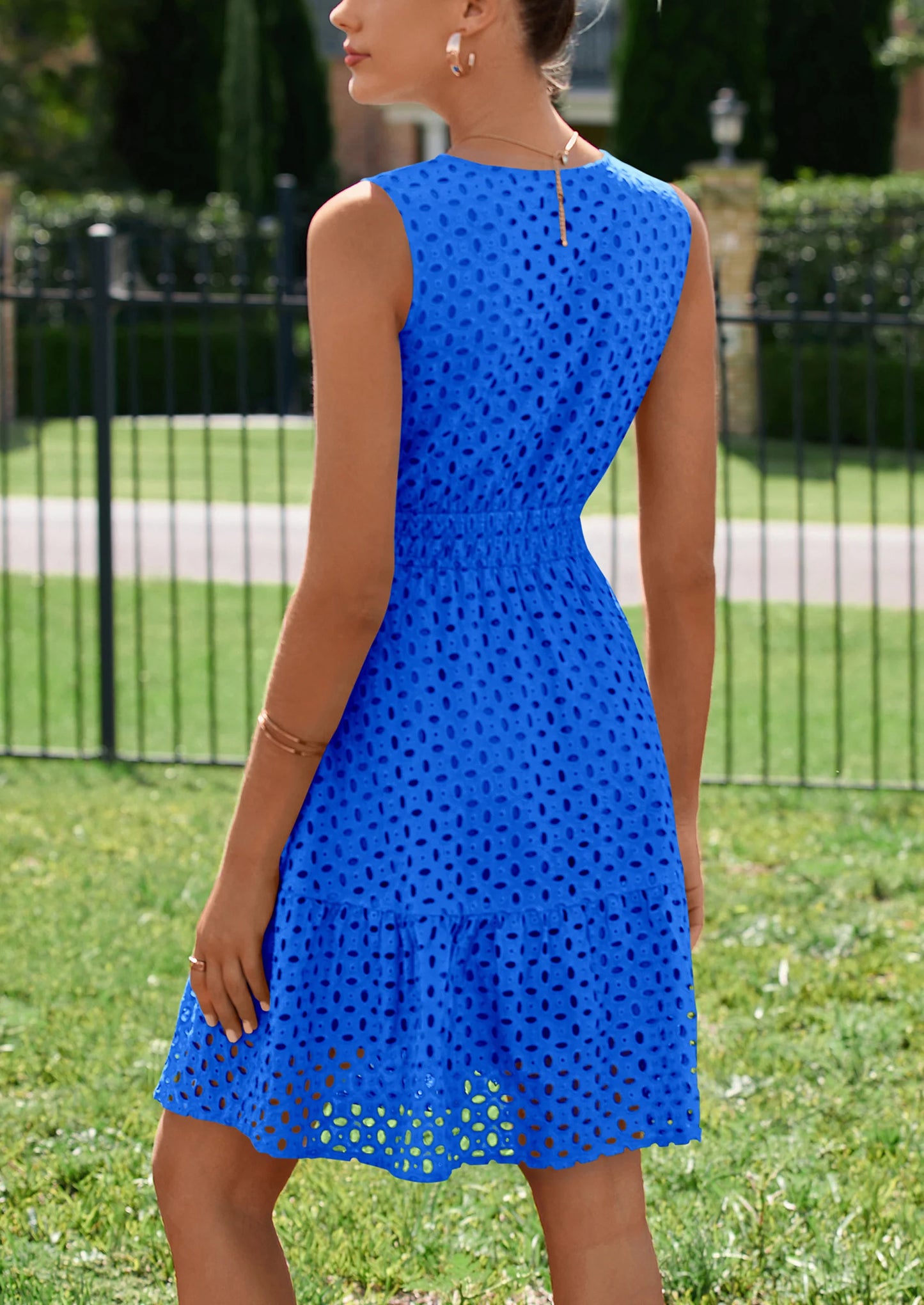Women's Summer Dresses Sleeveless V Neck Eyelet Hollow Out Swing A Line Beach Vacation Sun Dress