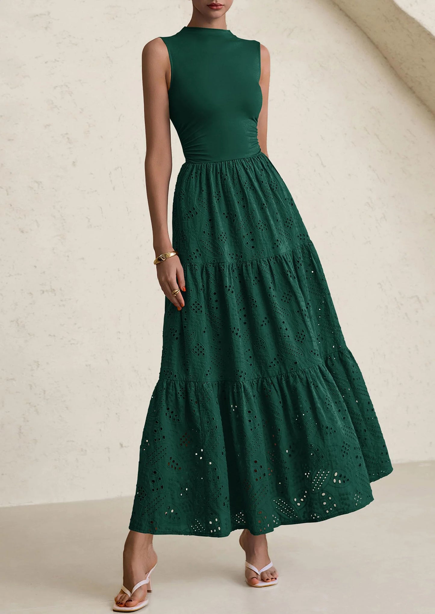 Dresses for Women Casual Eyelet Sleeveless Wedding Guest Maxi Dress Tank Top Sundress with Pockets