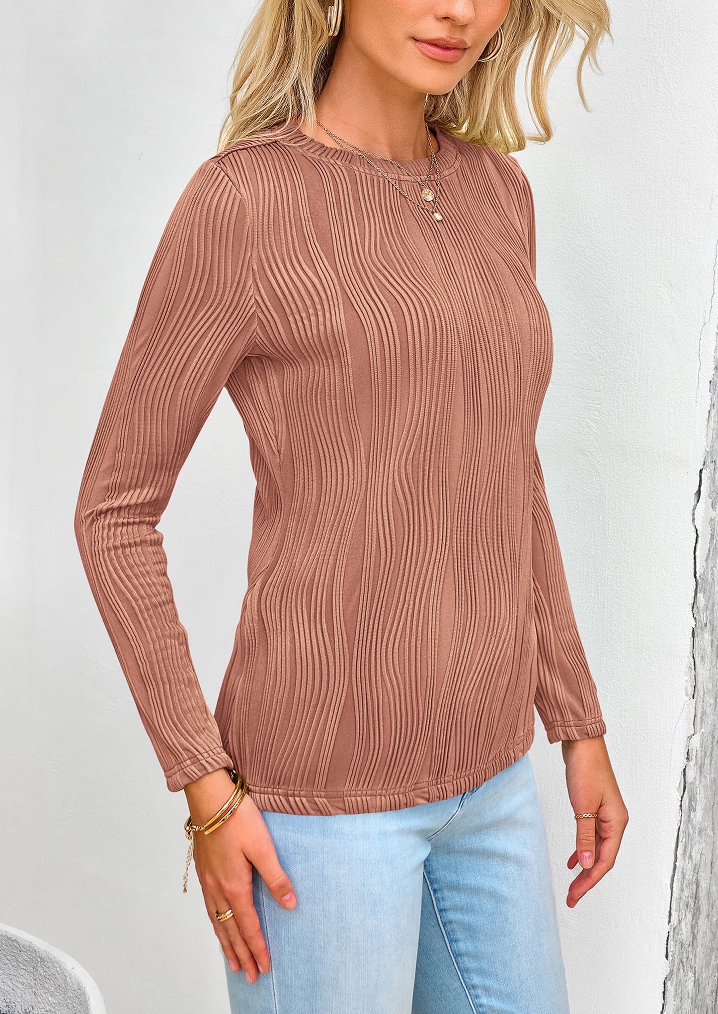 Long Sleeve Tops for Women Spring Fall Trendy Business Dressy Casual Shirts Crewneck Textured Blouse