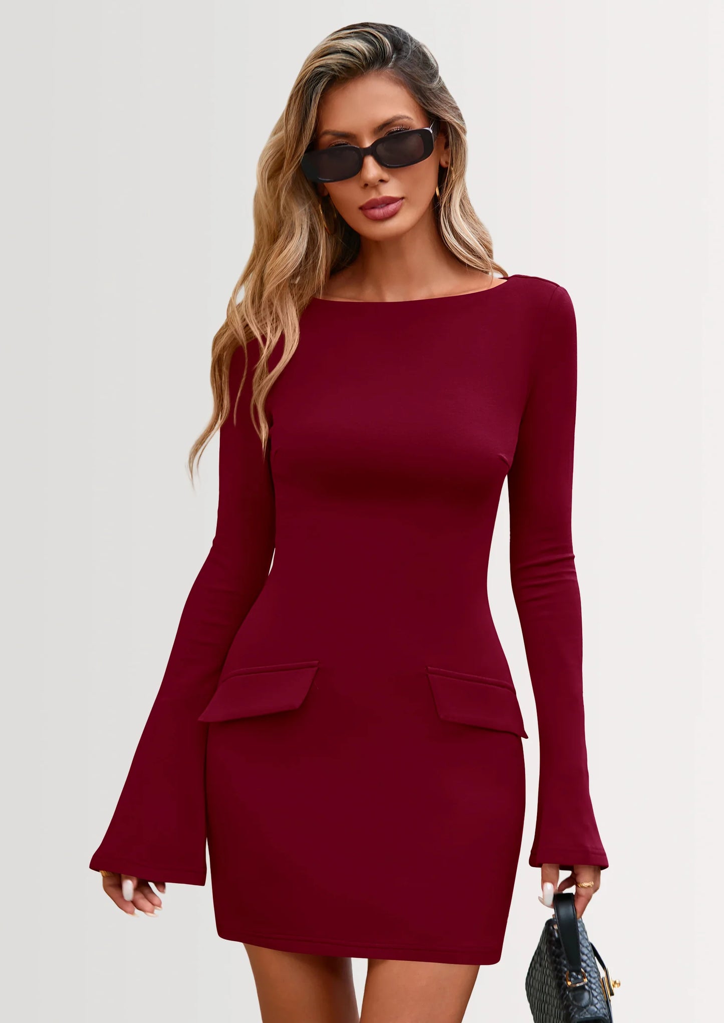 Womens Fall Long Sleeve Mini Dress Trendy Boat Neck Bodycon Knit Elegant Short Party Dresses