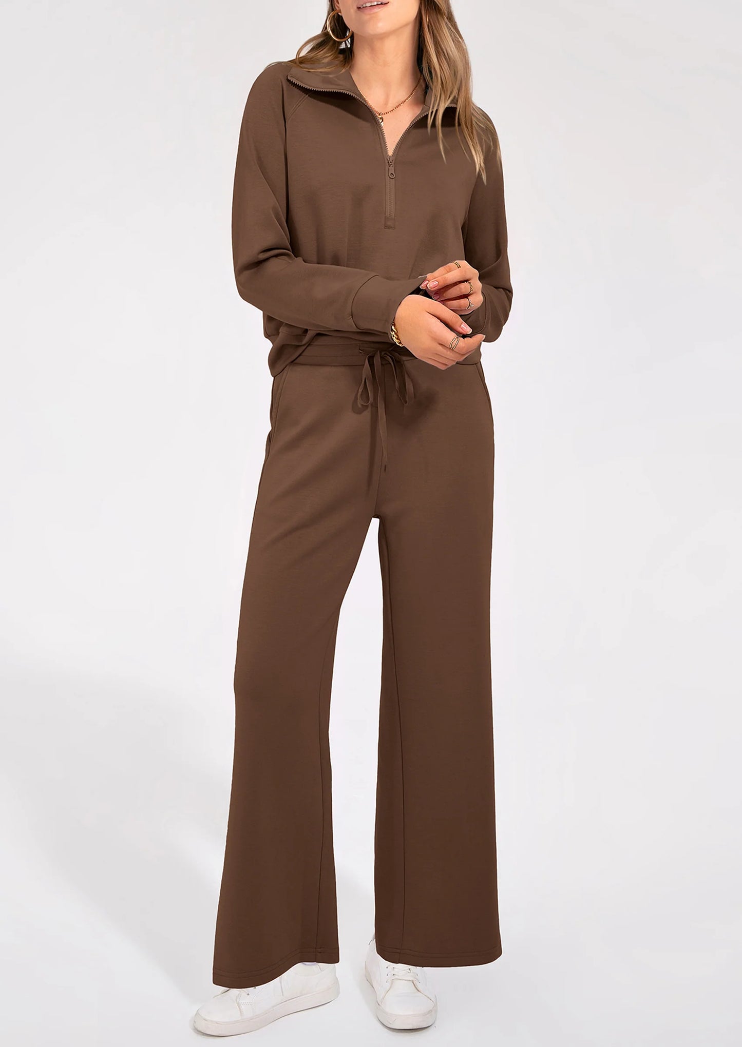 Women's 2 Piece Outfits Casual Lapel Half Zip Sweatshirts And Wide Leg Pants Tracksuit Sets