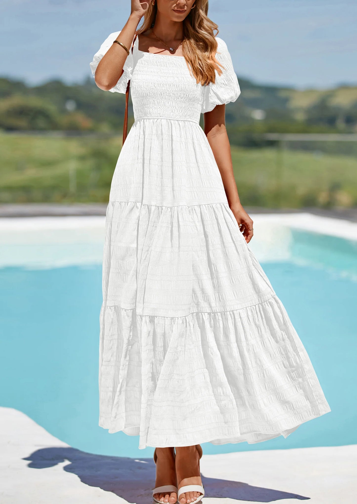 Womens Summer Puff Short Sleeve Maxi Dress Square Neck Smocked Tiered Ruffle A Line Long Flowy Beach Dresses