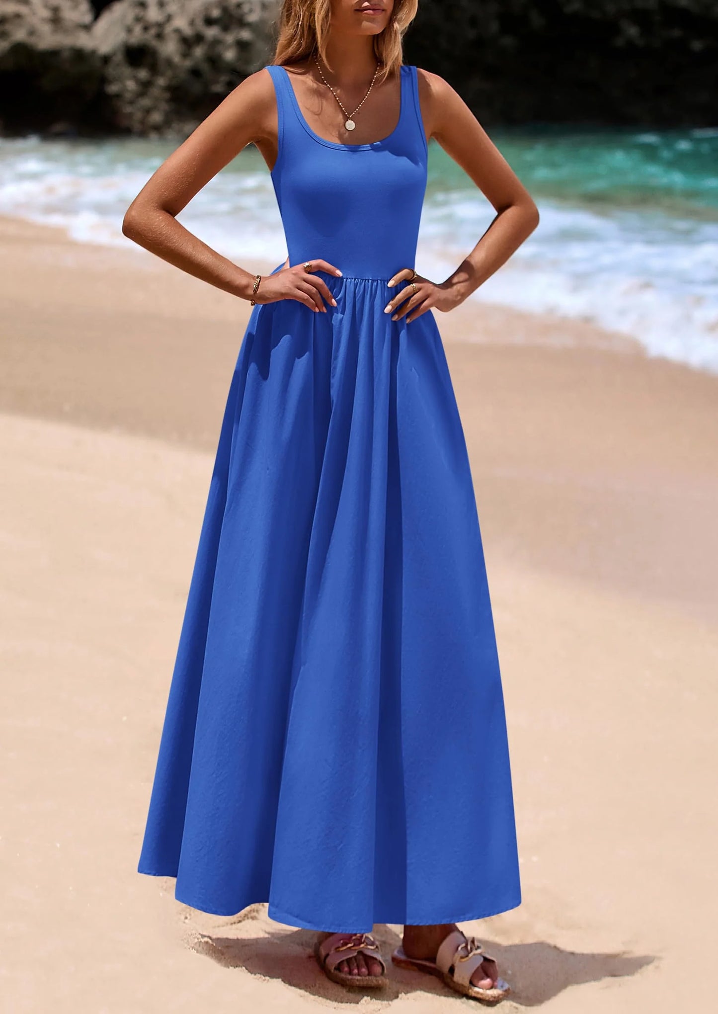 Womens Summer Casual Scoop Neck Sleeveless Long Dresses Tank Top Patchwork Aline Swing Maxi Dress with Pockets