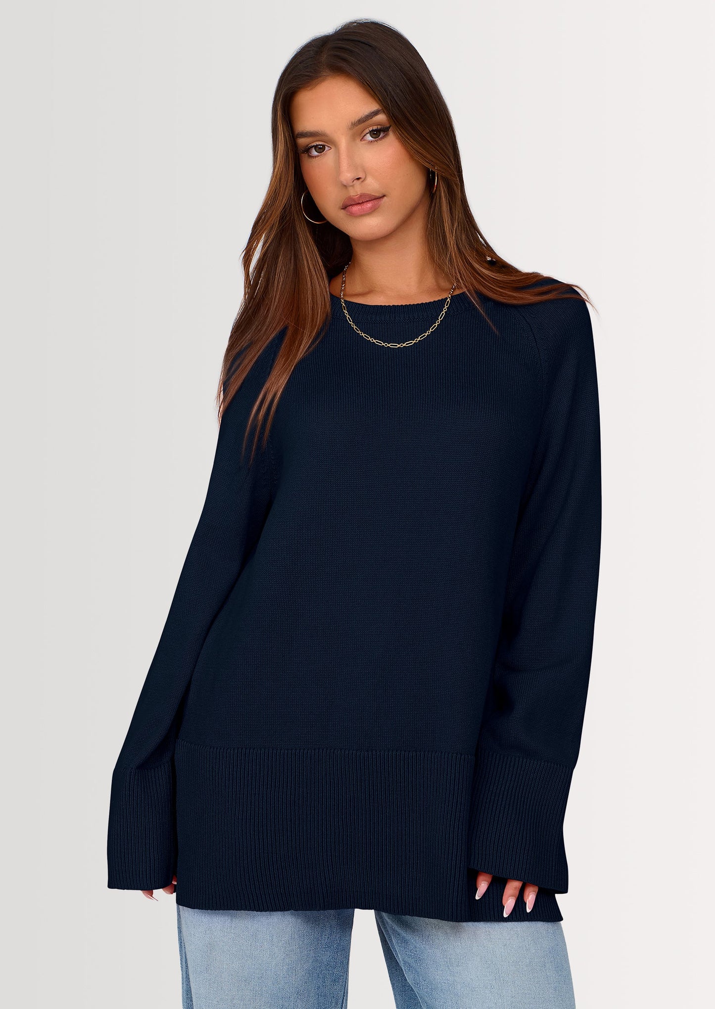 Women's Knit Fall Sweaters Long Sleeve Pullover Crewneck Split Hem Oversized Tunic Sweater Tops Winter Clothing