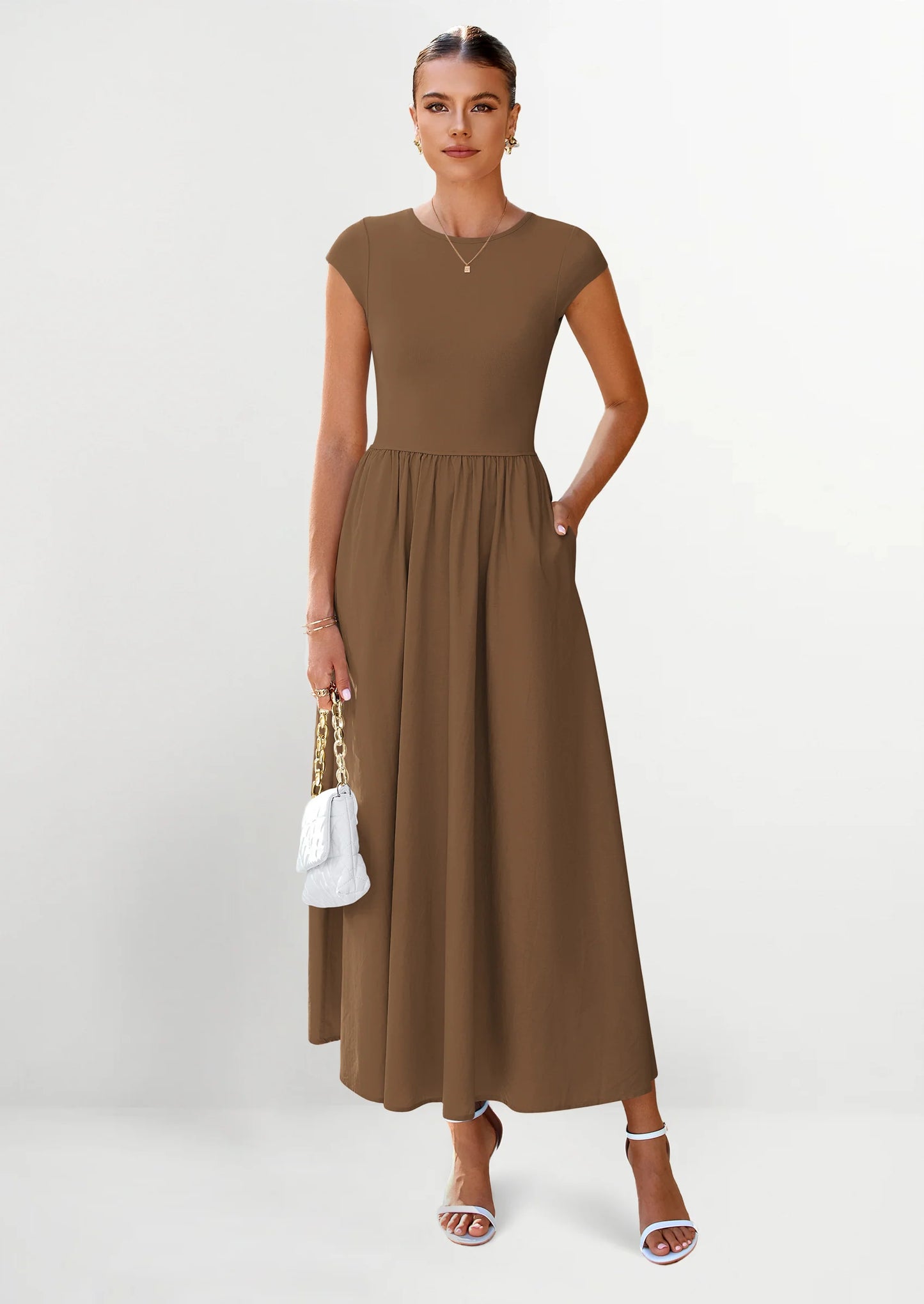 Women's Casual Long Dresses Cap Sleeve Patchwork A Line Flowy Modest Elegant Homecoming Maxi Dress
