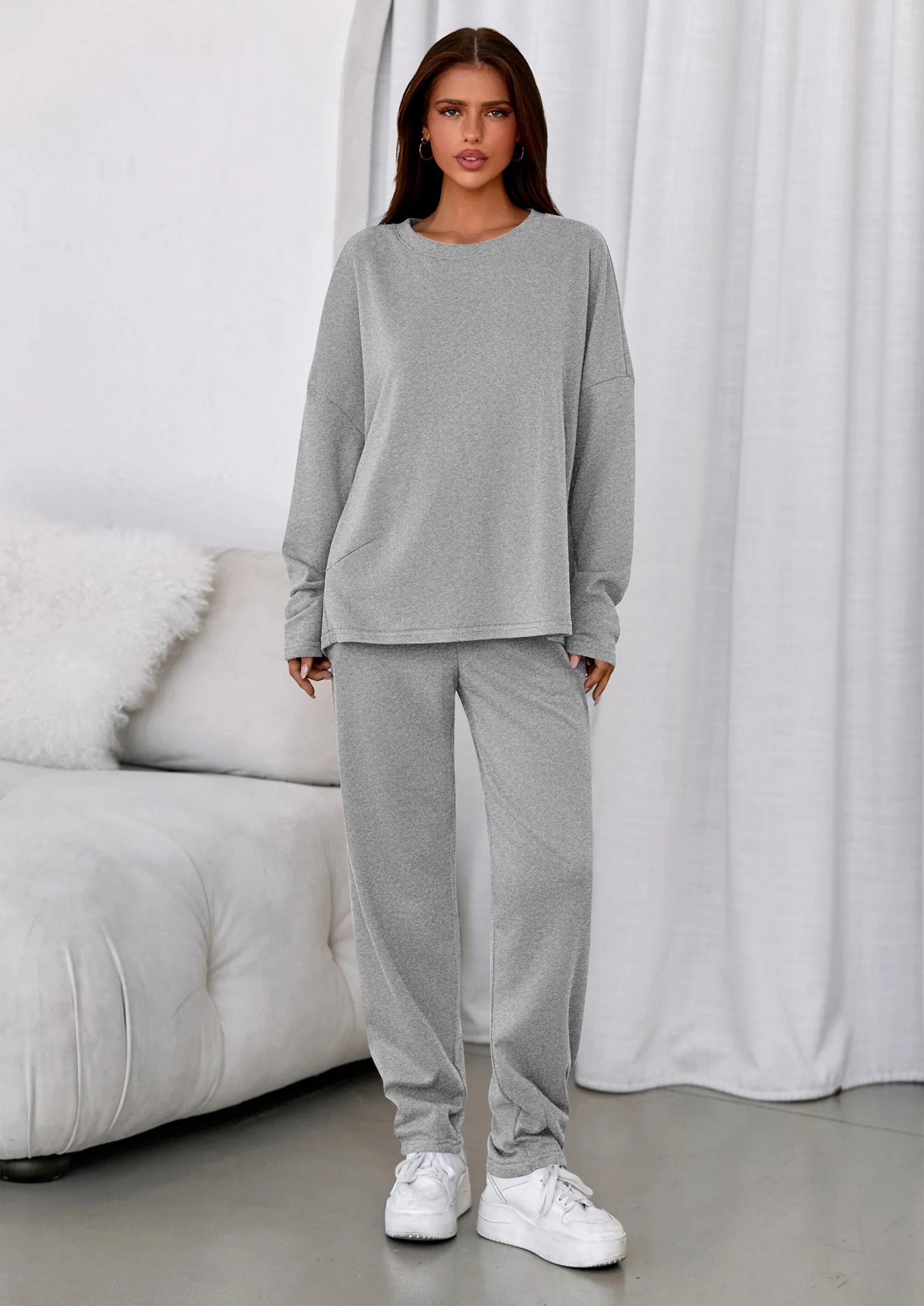 Womens 2 Piece Matching Lounge Sets Fall Long Sleeve Boatneck Sweatsuit Drawstring Sweatpants Pockets