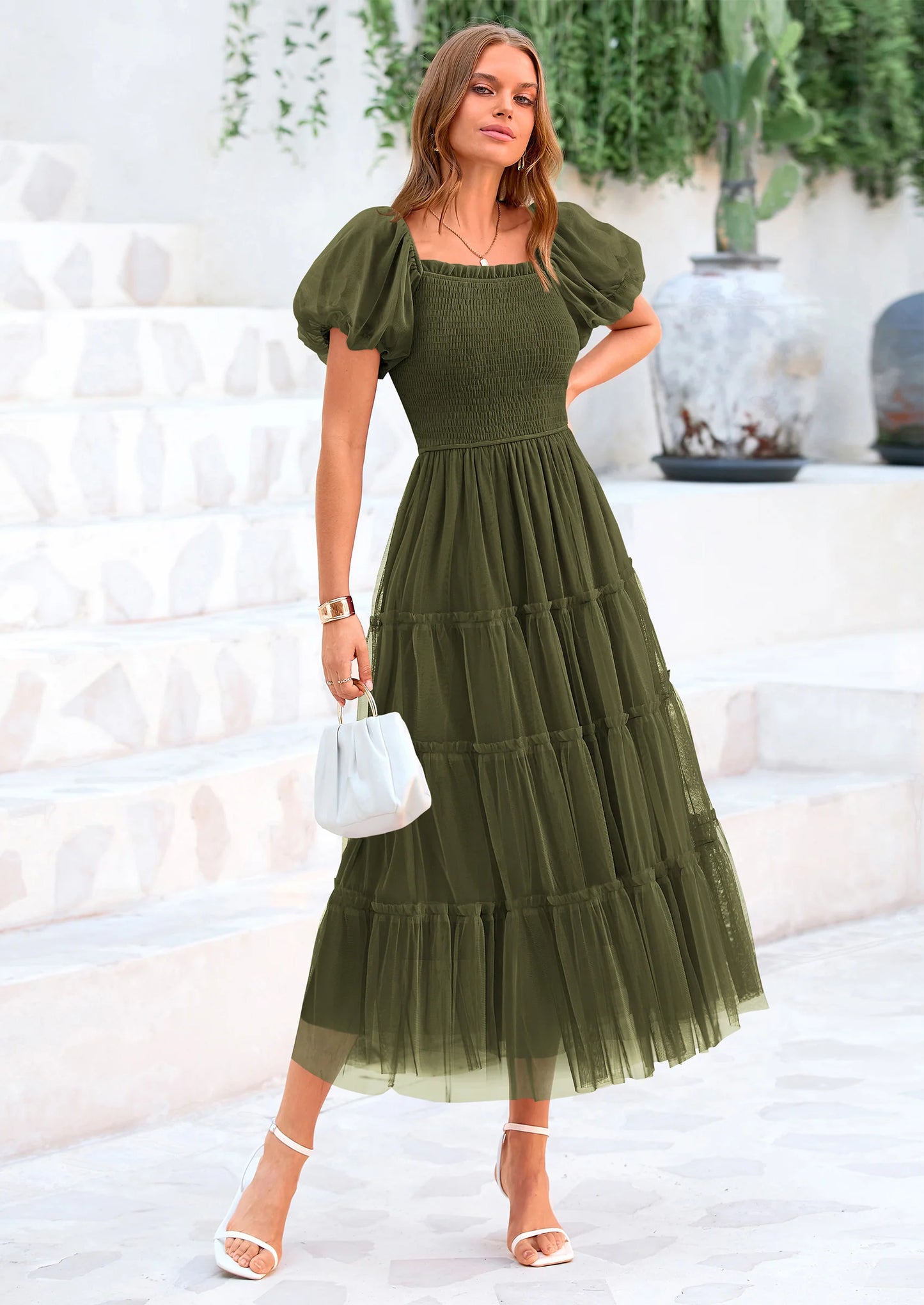 Women's Smocked Tulle Midi Dress Square Neck Puffy Short Sleeve Ruffle Wedding Guest Party Dresses