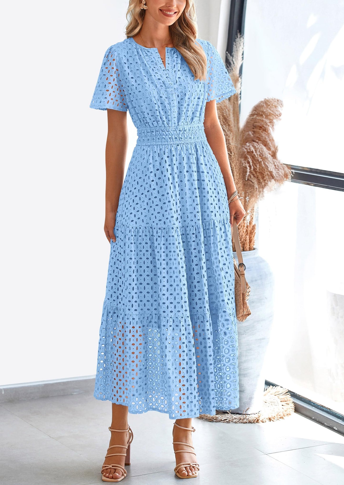 Womens Maxi Dress Short Sleeve V Neck Hollow Out Eyelet A Line Long Flowy Beach Vacation Dresses