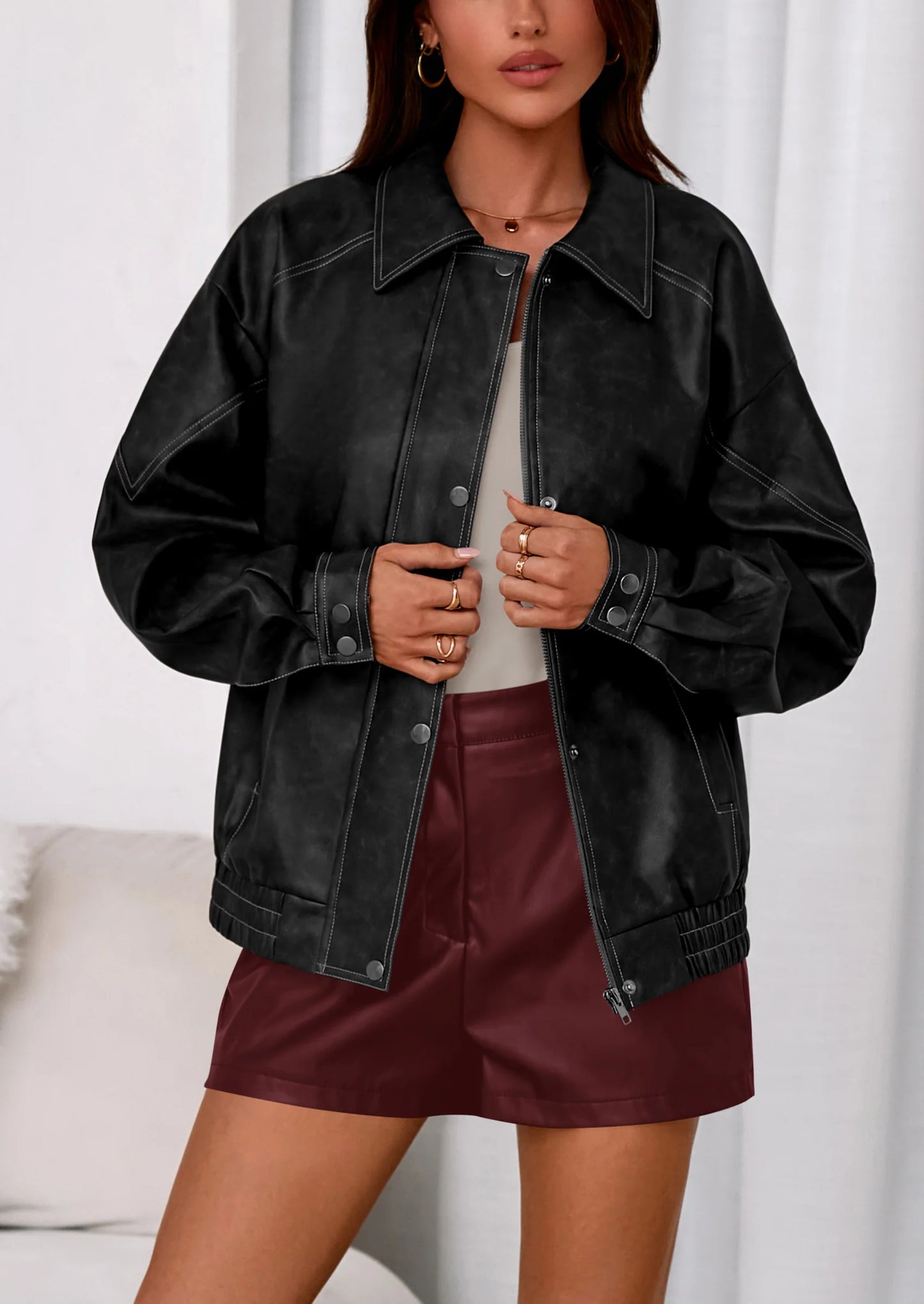 Faux Leather Jacket Women Bomber Motorcycle Zip Up Jackets Oversized Fall Fashion Outfits Winter Coats