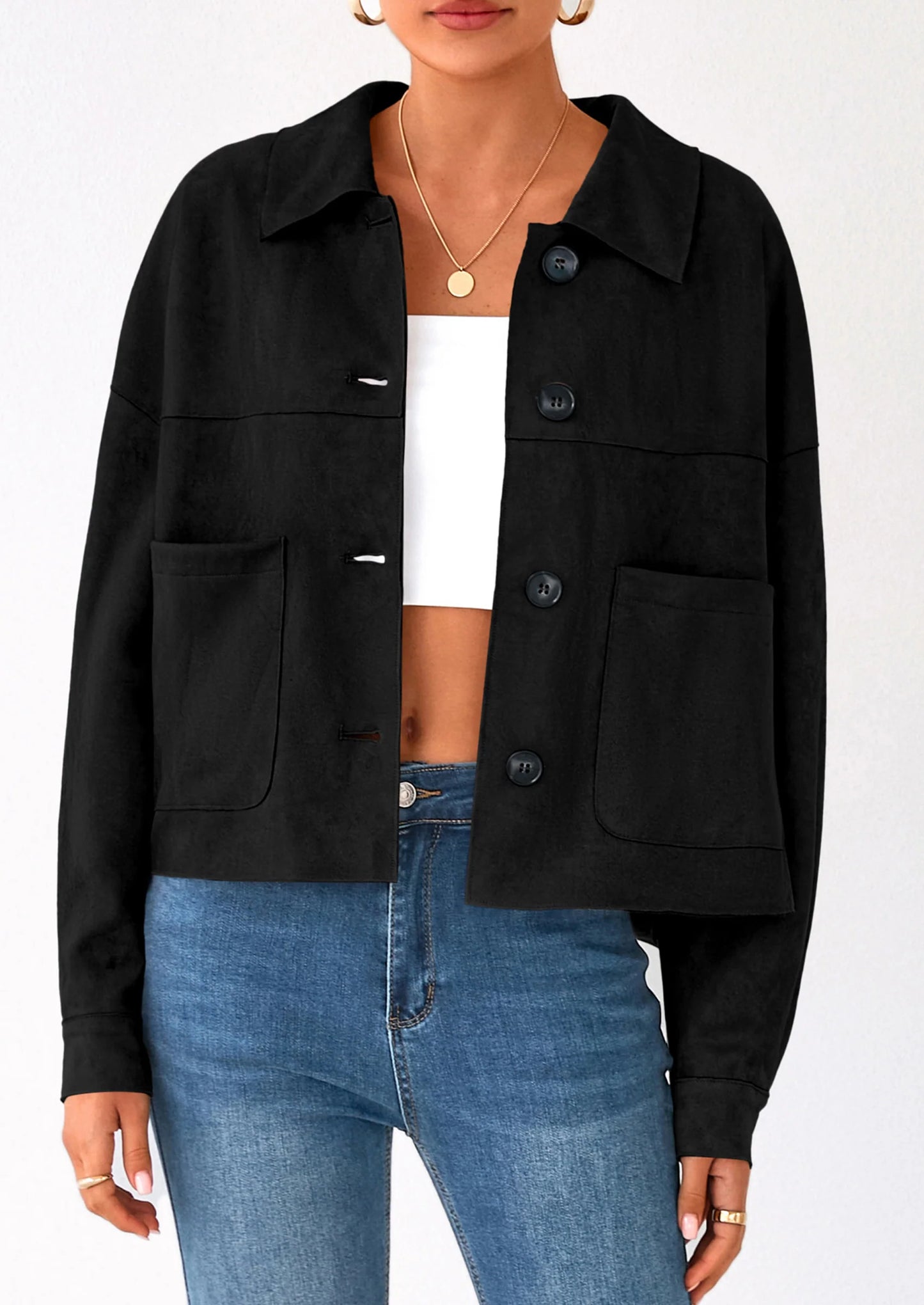Women's Faux Suede Cropped Jacket Casual Lightweight Fall Fashion Winter Coats Outerwear Trendy Clothes