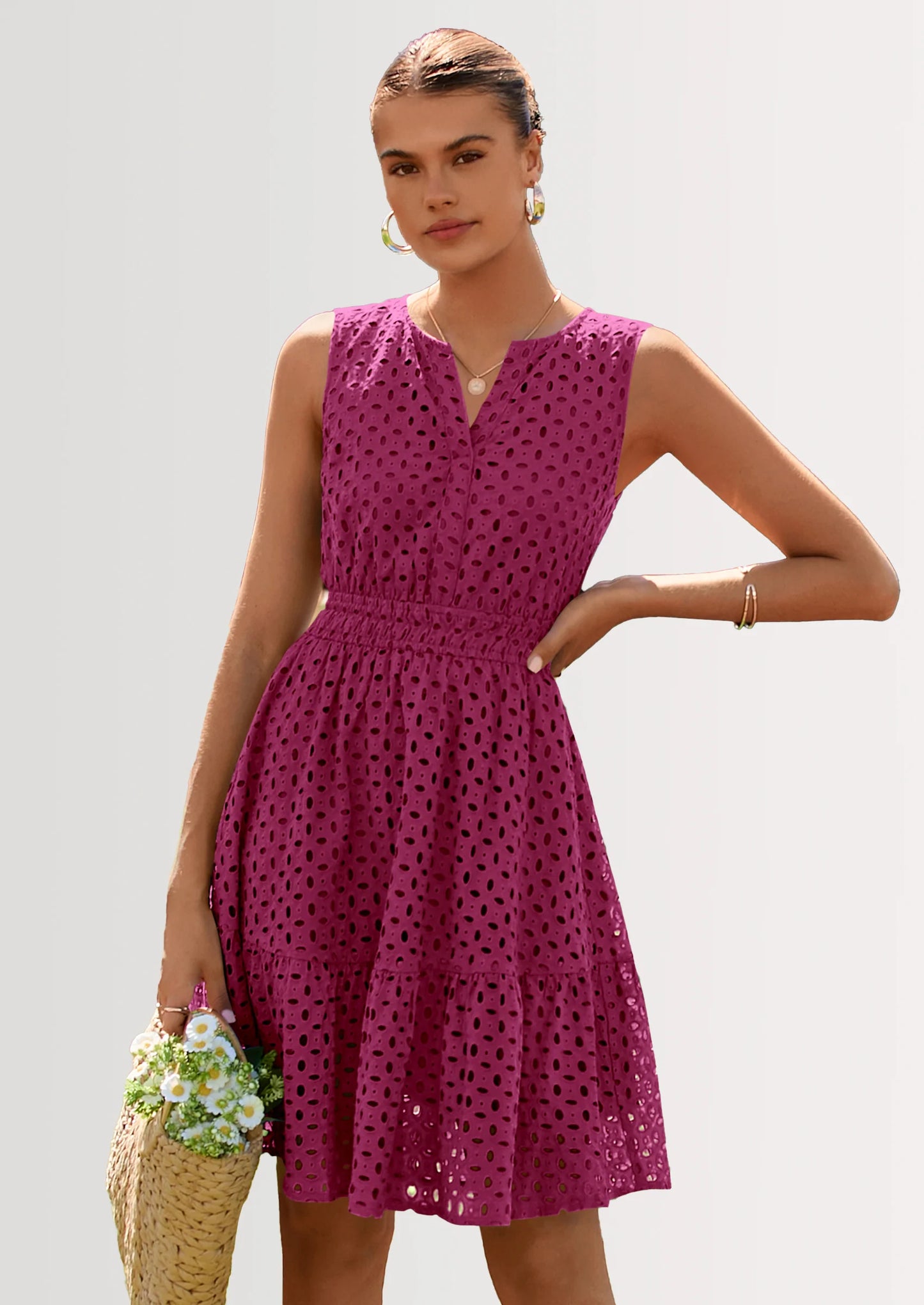 Women's Summer Dresses Sleeveless V Neck Eyelet Hollow Out Swing A Line Beach Vacation Sun Dress