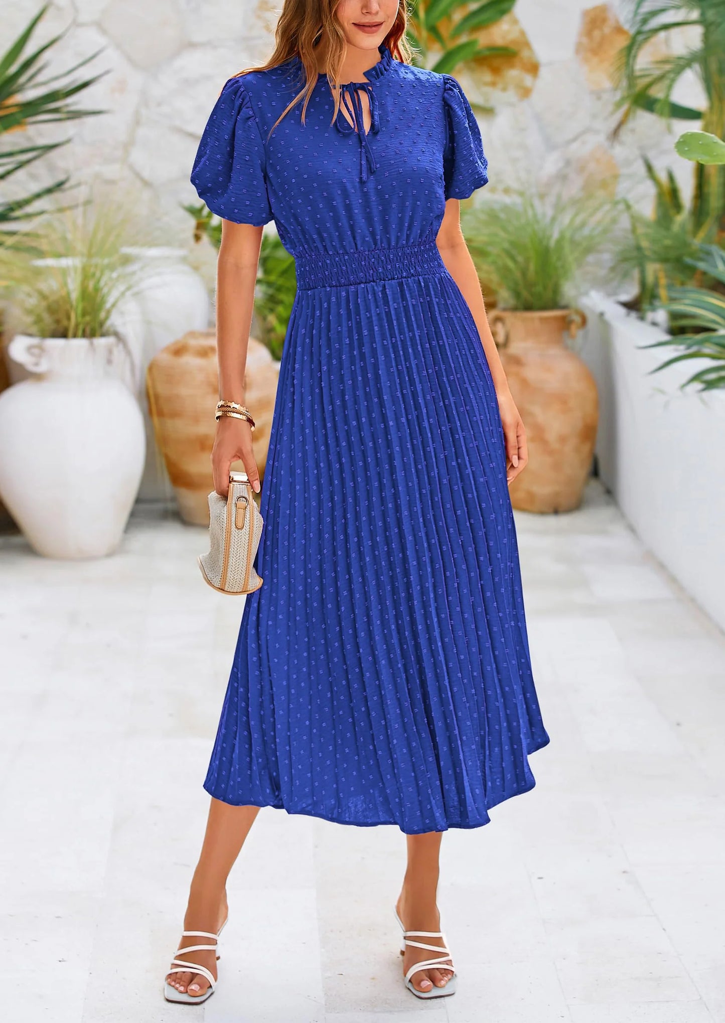Womens Midi Dresses Puff Short Sleeve V Neck Swiss Dot Pleated A Line Flowy Long Wedding Guest Dress