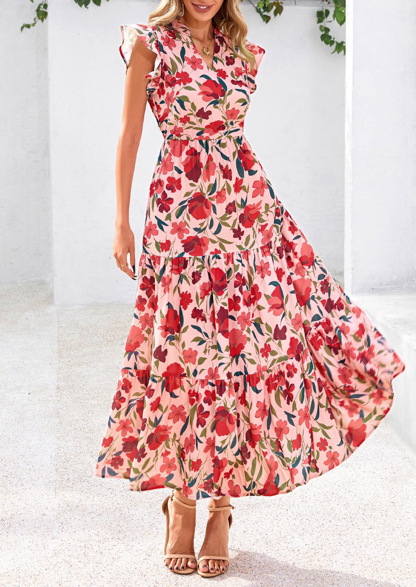 Women's Summer Floral Midi Dress Cap Sleeve V Neck Ruffle Long Flowy Boho Casual Beach Vacation Dresses