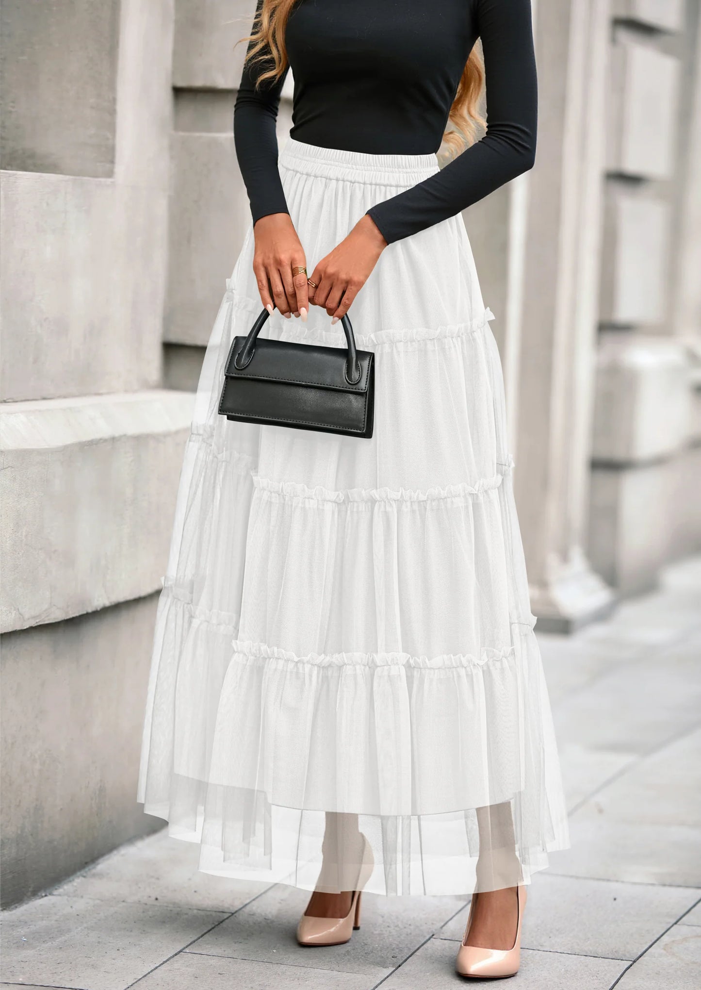 Maxi Skirts for Women Fall Tulle High Waisted Ruffle Flowy A-Line Long Skirt Country Concert Outfits