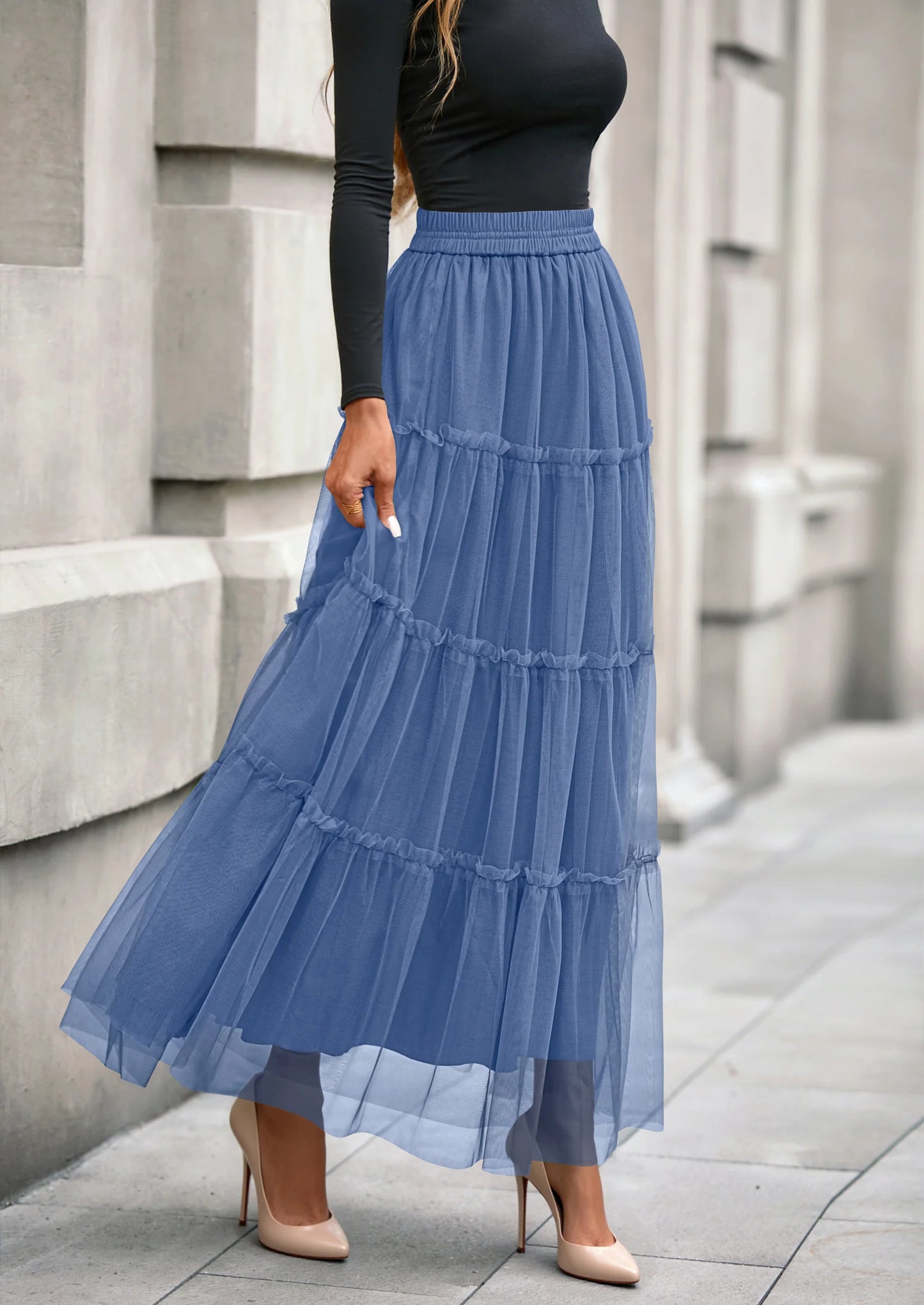 Maxi Skirts for Women Fall Tulle High Waisted Ruffle Flowy A-Line Long Skirt Country Concert Outfits