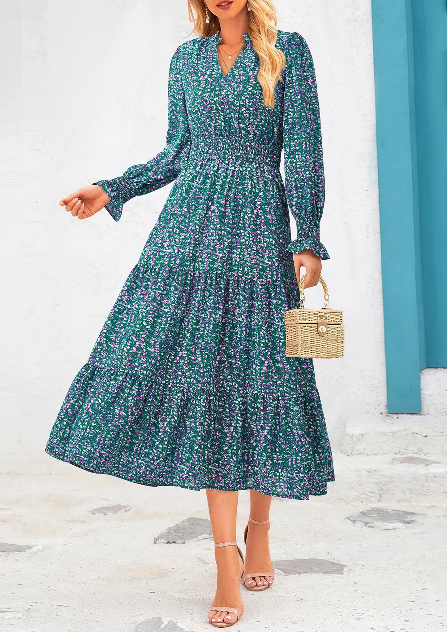 Women's Floral Maxi Dress Spring Long Sleeve V Neck Casual A Line Long Flowy Boho Party Dresses