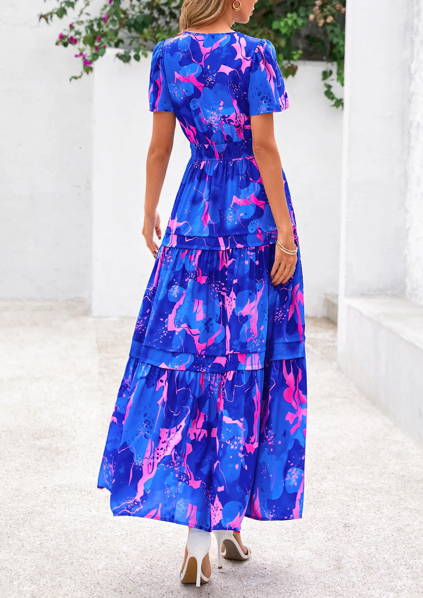 Women's Boho Maxi Dresses Floral Short Sleeve V Neck A Line Tiered Flowy Long Beach Vacation Dress