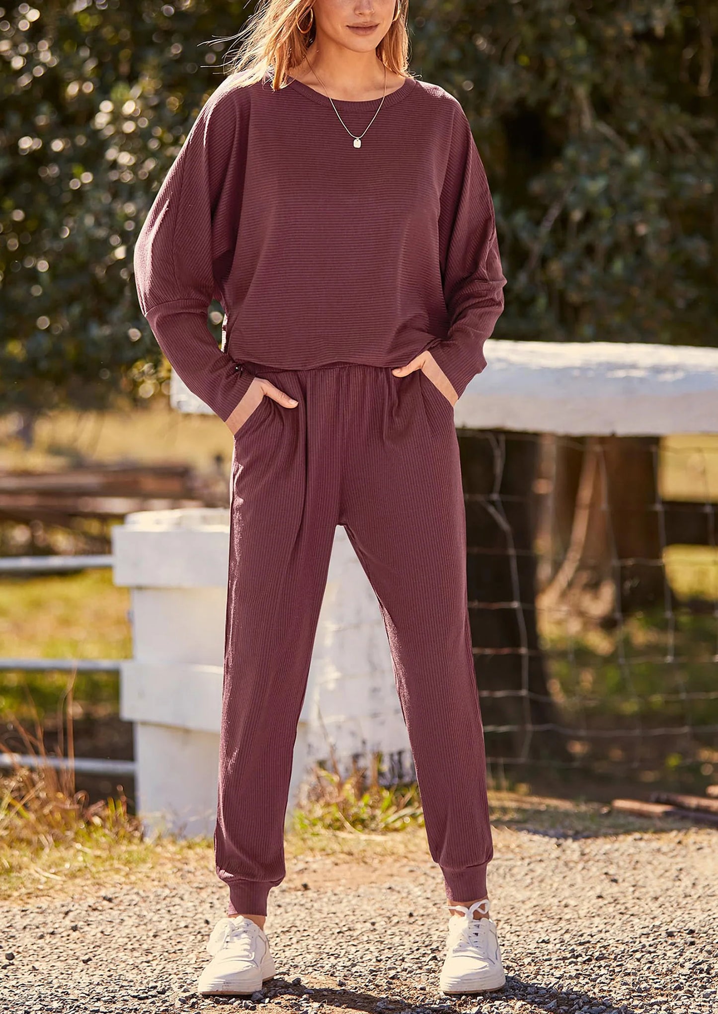 Women's Fall 2 Piece Lounge Set Long Sleeve Tops Ribbed Pants Spring Matching Sweatsuit Travel Outfits Clothes
