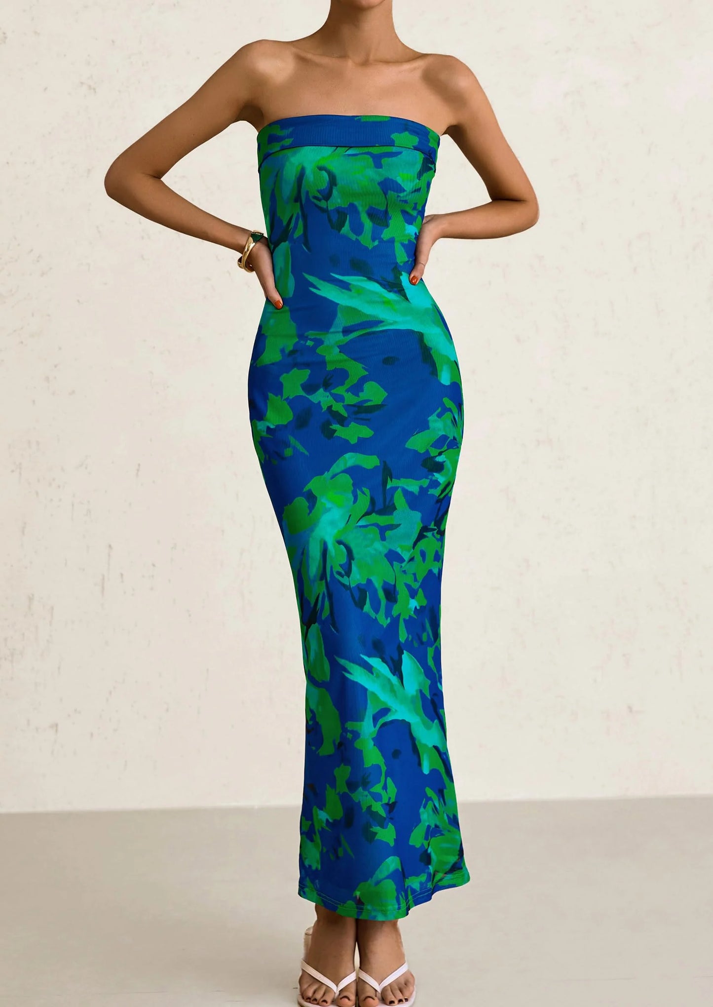 Womens Printed Tube Maxi Dress Strapless Bodycon Sleeveless Night Out Long Dresses