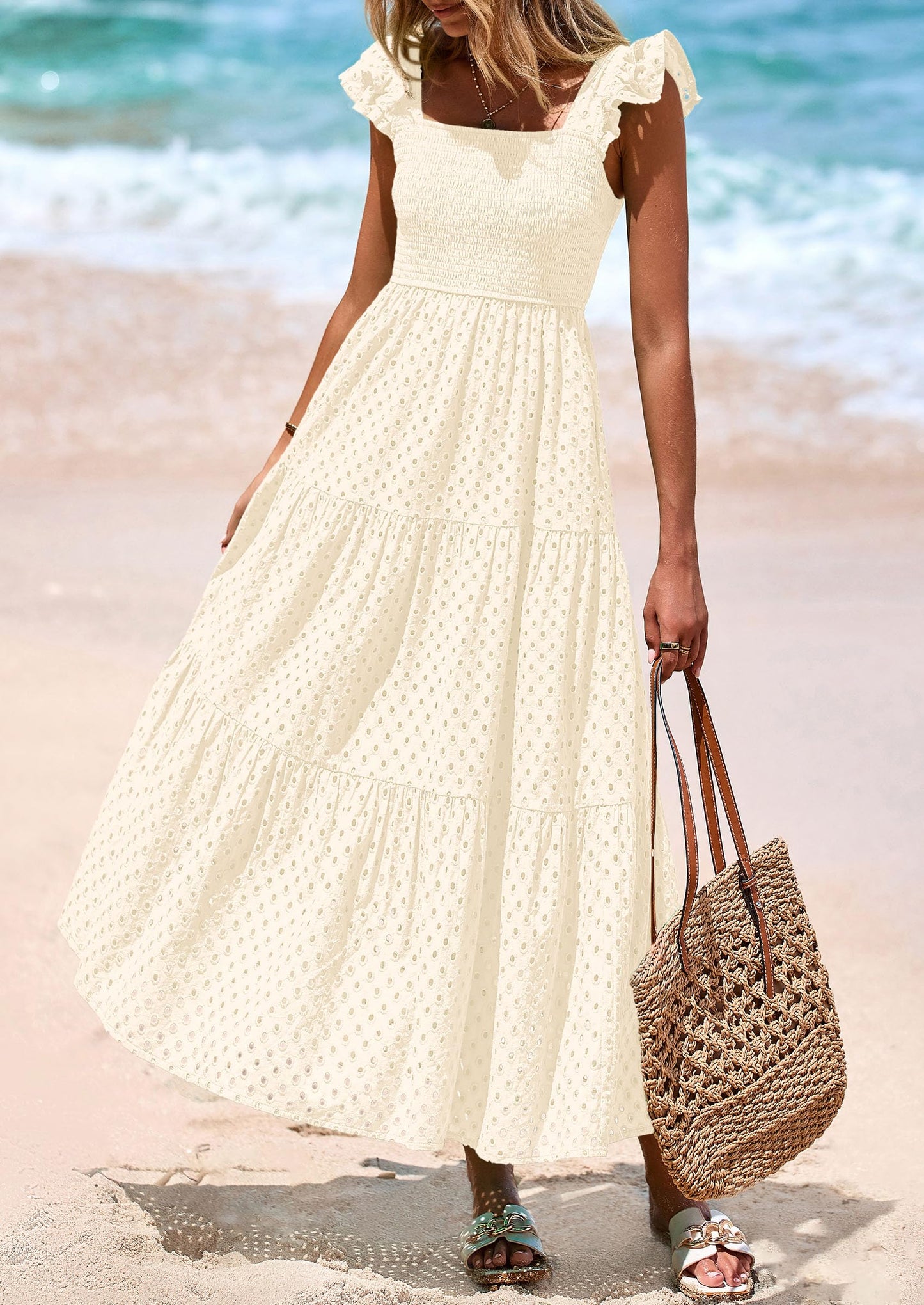 Womens Square Neck Maxi Dresses Cap Sleeve Eyelet Smocked Tiered A Line Flowy Long Dress with Pockets