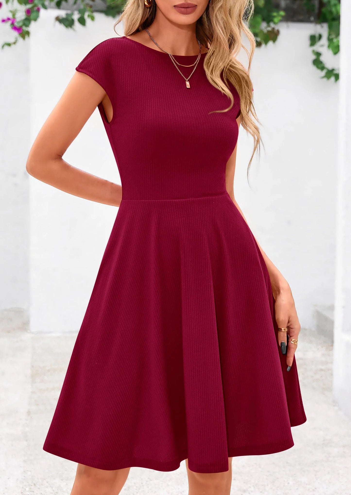 Womens Short Summer Dress Crewneck Cap Sleeve Ribbed Knit Casual Flowy A Line Mini Sundresses with Pockets