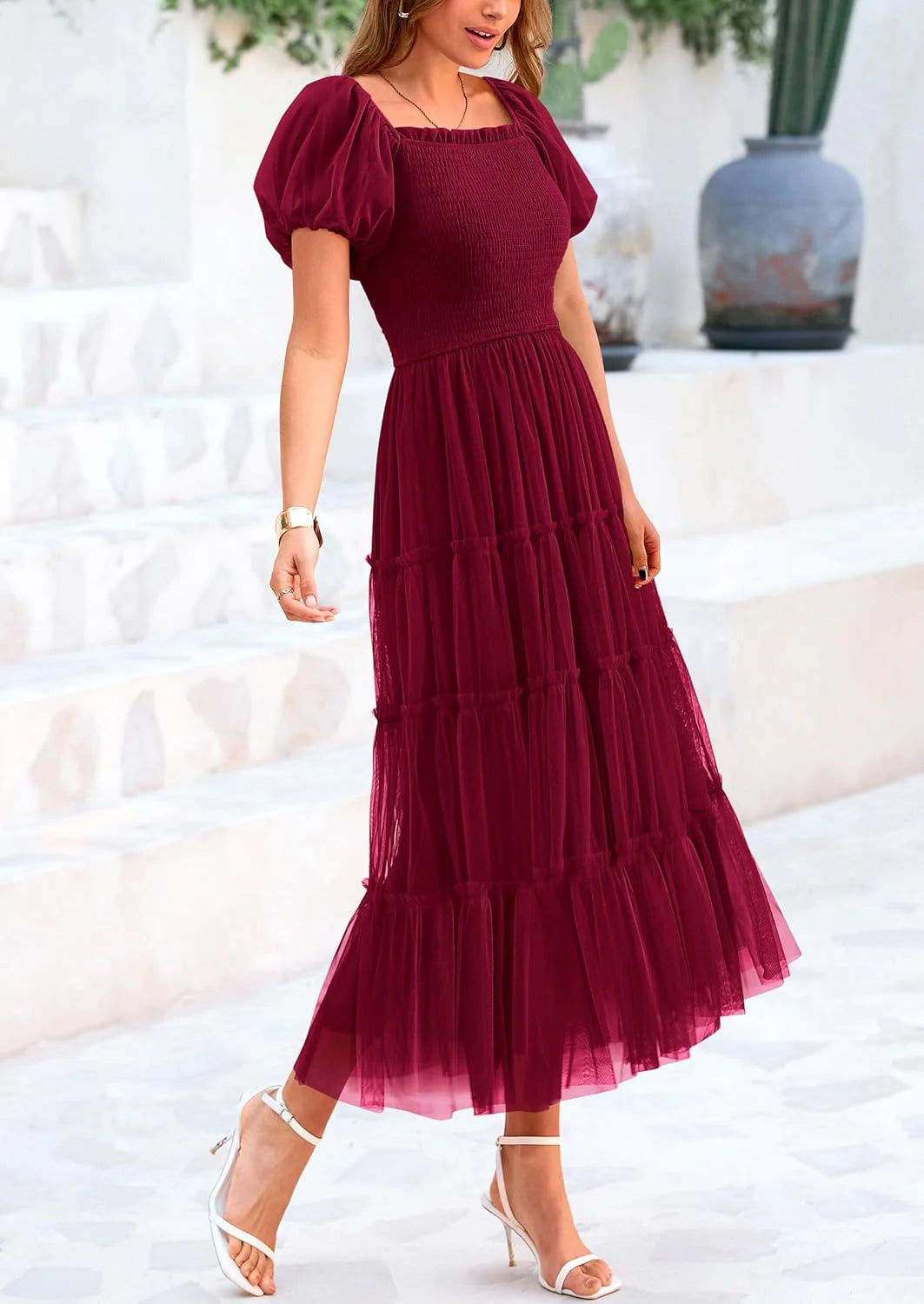 Women's Smocked Tulle Midi Dress Square Neck Puffy Short Sleeve Ruffle Wedding Guest Party Dresses