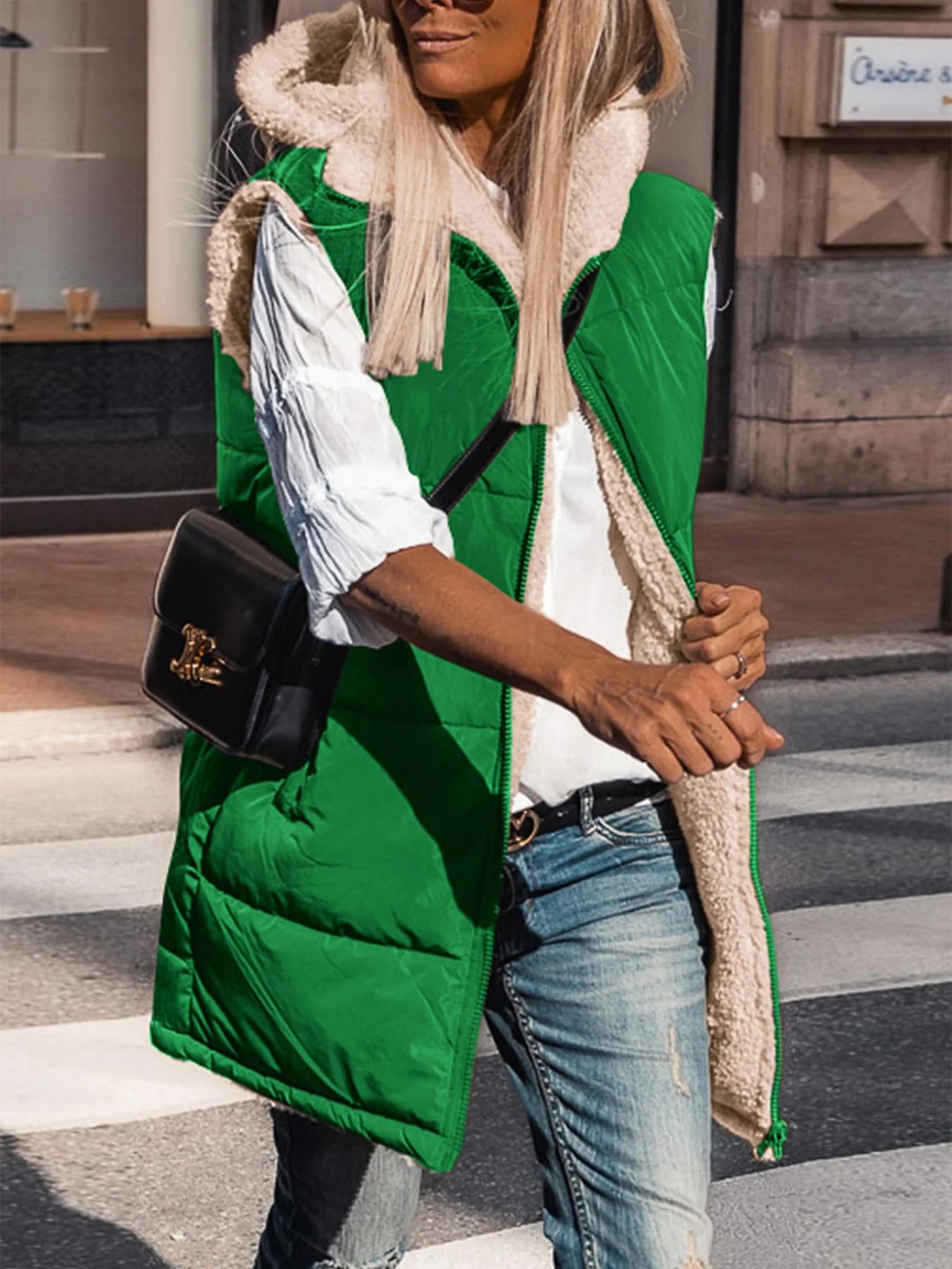Womens Fall Reversible Vests Sleeveless Fleece Jacket Zip Up Hoodie Pockets Long Warm Winter Coat Outerwear