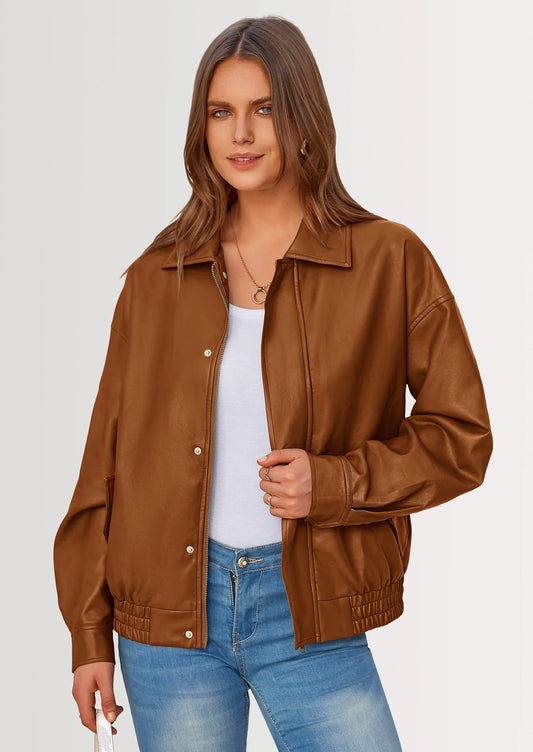 Women's Faux Leather Motorcycle Jacket Trendy Fall Spring Clothes Oversized Zip Up Winter Coat Outerwear