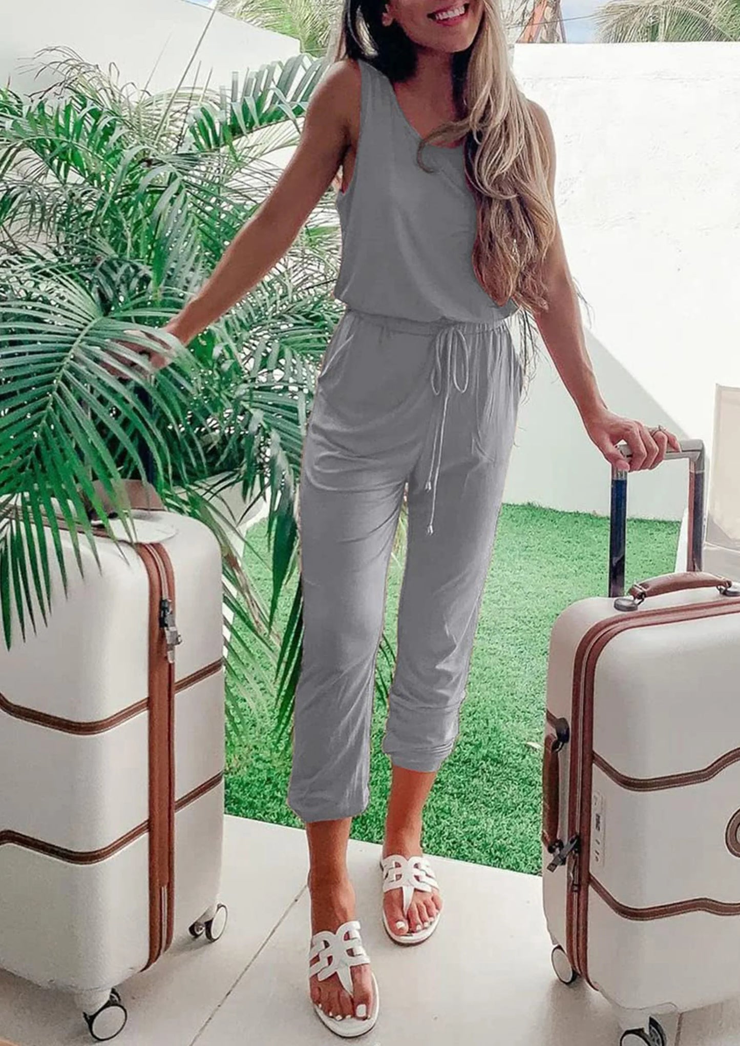 Two Piece Outfit Sets Casual Sleeveless Crewneck Tops and Sweatpants