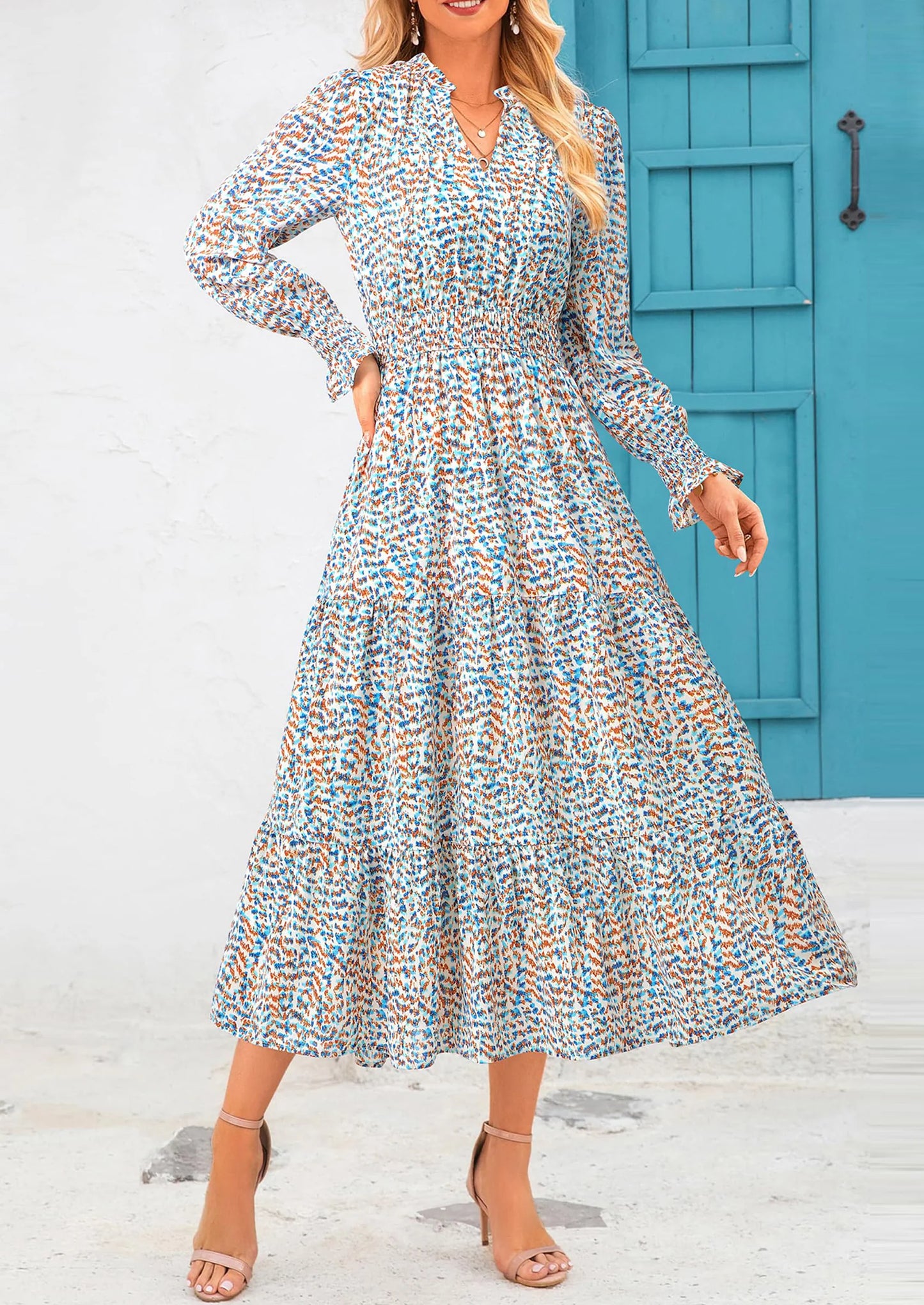 Women's Floral Maxi Dress Spring Long Sleeve V Neck Casual A Line Long Flowy Boho Party Dresses
