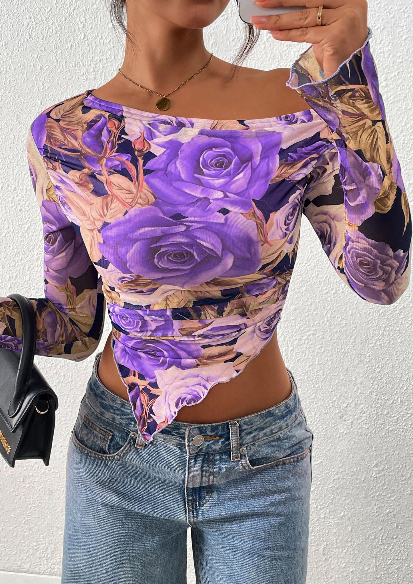 Womens Fall Trendy Off Shoulder Tops Tie Dye Mesh Long Sleeve Shirts Asymmetrical Ruched Floral Blouse
