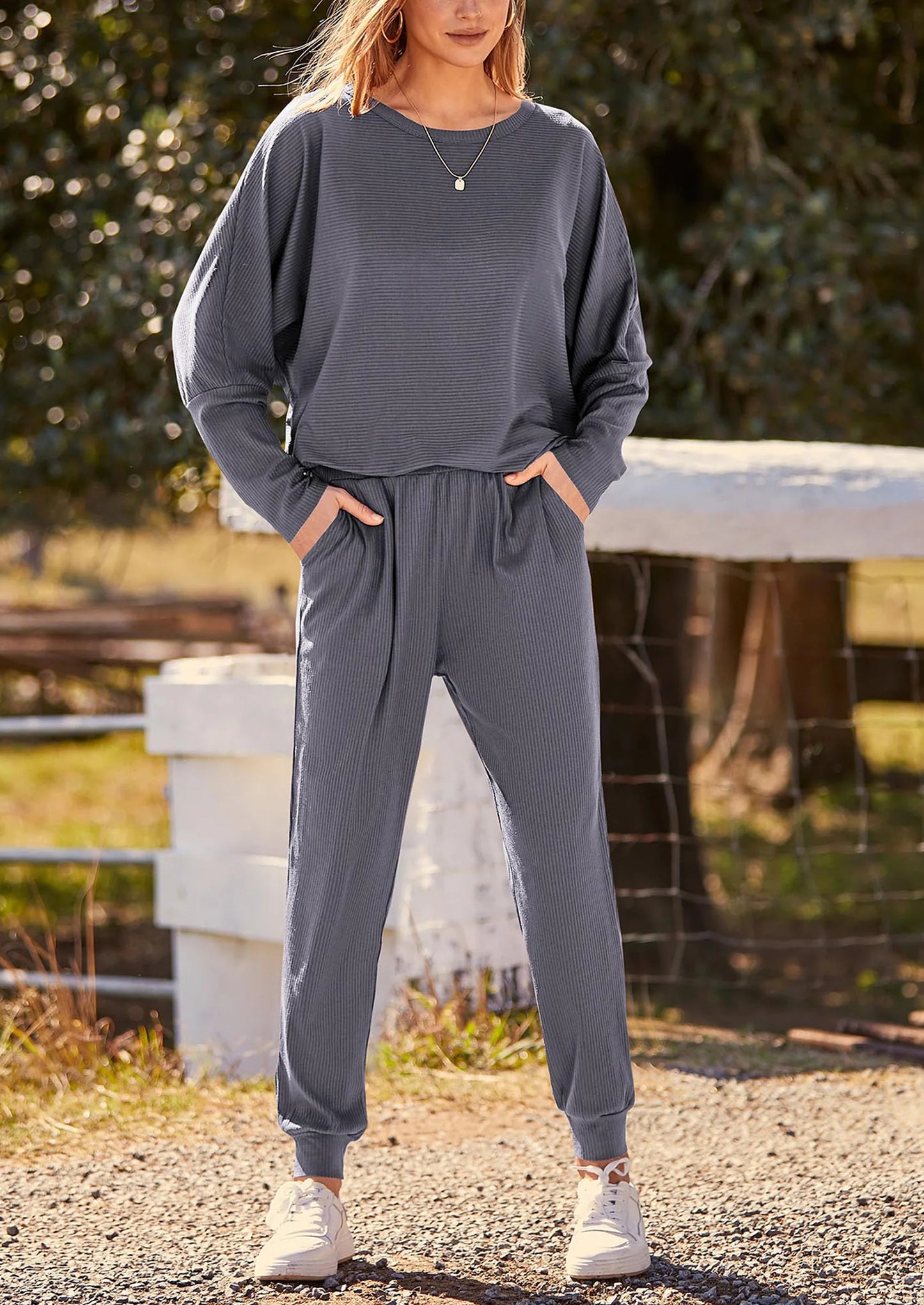 Women's Fall 2 Piece Lounge Set Long Sleeve Tops Ribbed Pants Spring Matching Sweatsuit Travel Outfits Clothes