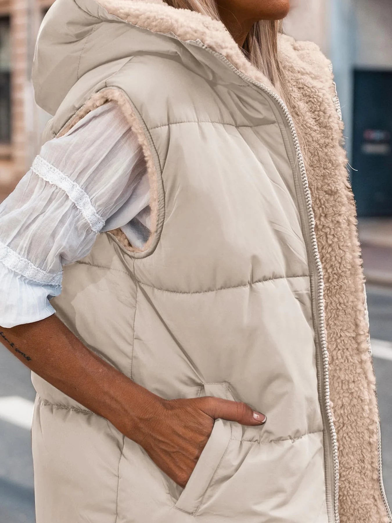 Womens Fall Reversible Vests Sleeveless Fleece Jacket Zip Up Hoodie Pockets Long Warm Winter Coat Outerwear