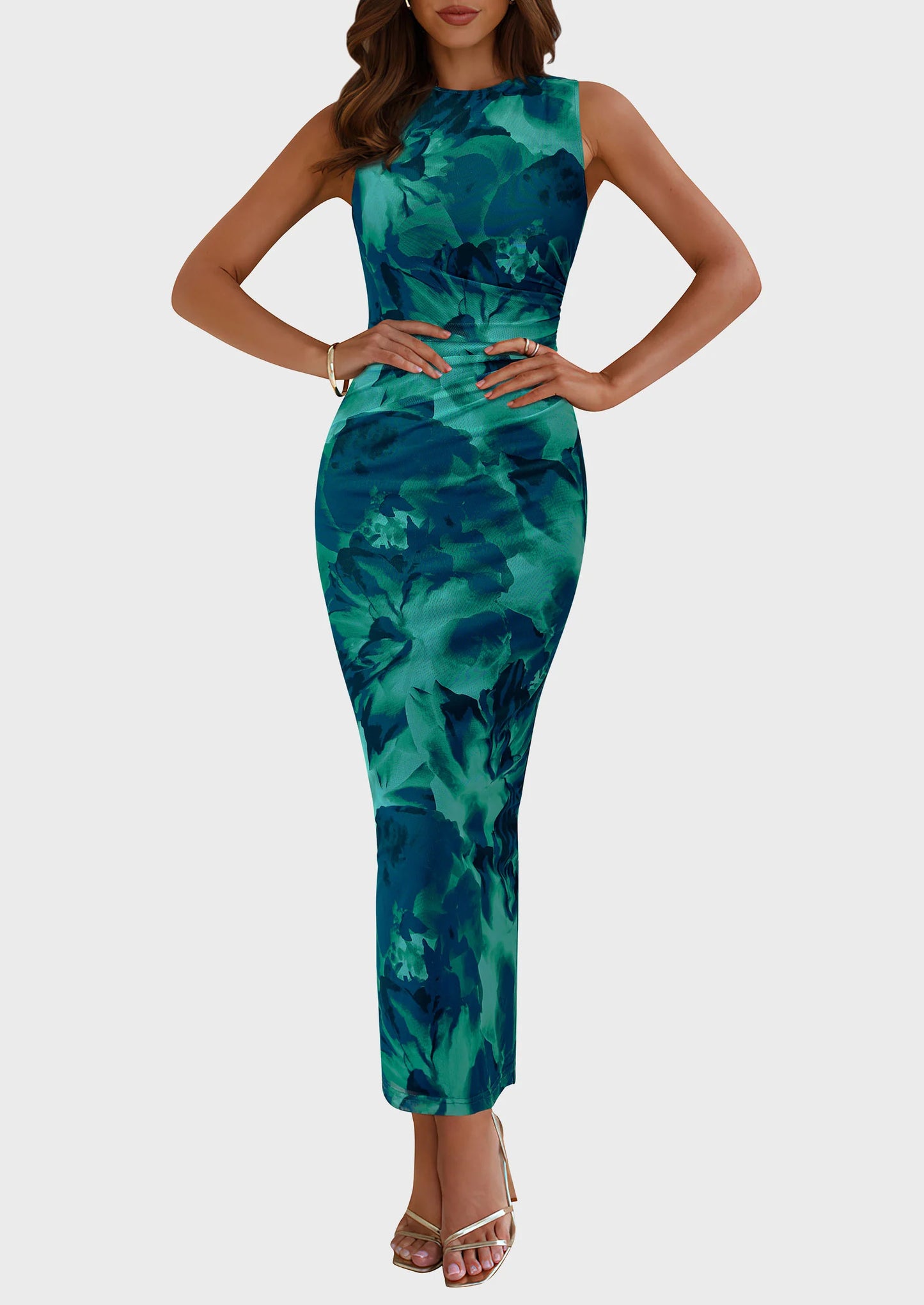 Wedding Guest Dresses for Women Spring Floral Bodycon Sleeveless Mesh Maxi Long Dress