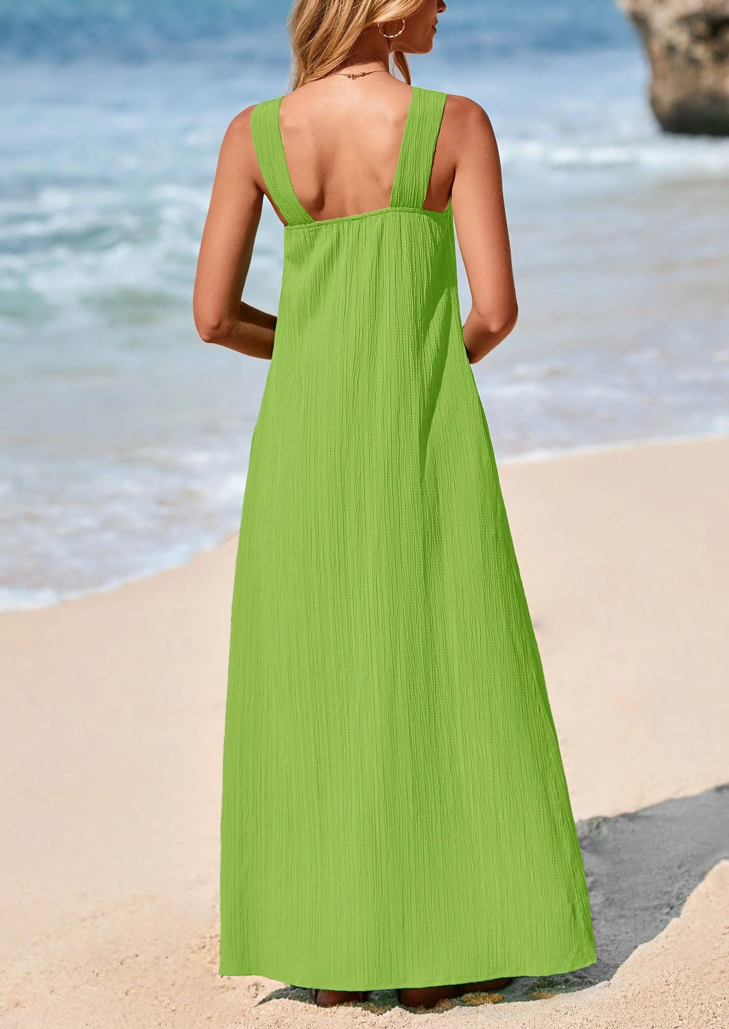 Womens Casual Long Summer Dresses Sleeveless Strappy Loose Flowy Beach Vacation Maxi Dress with Pockets