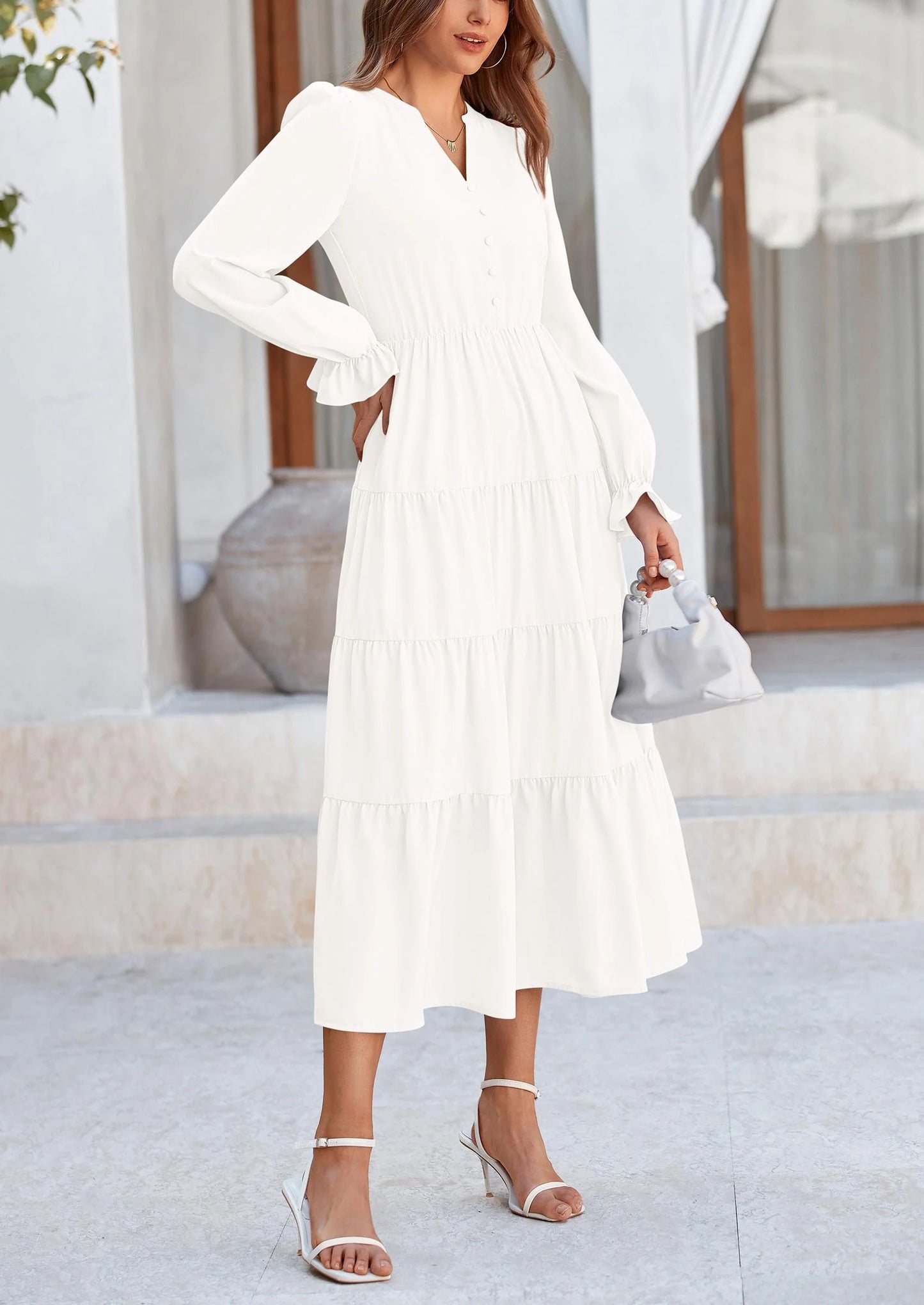 Women Fall Long Sleeve Smocked Maxi Dress Casual Square Neck Swiss Dot Tiered Ruffle Flowy Spring Pocket Dresses