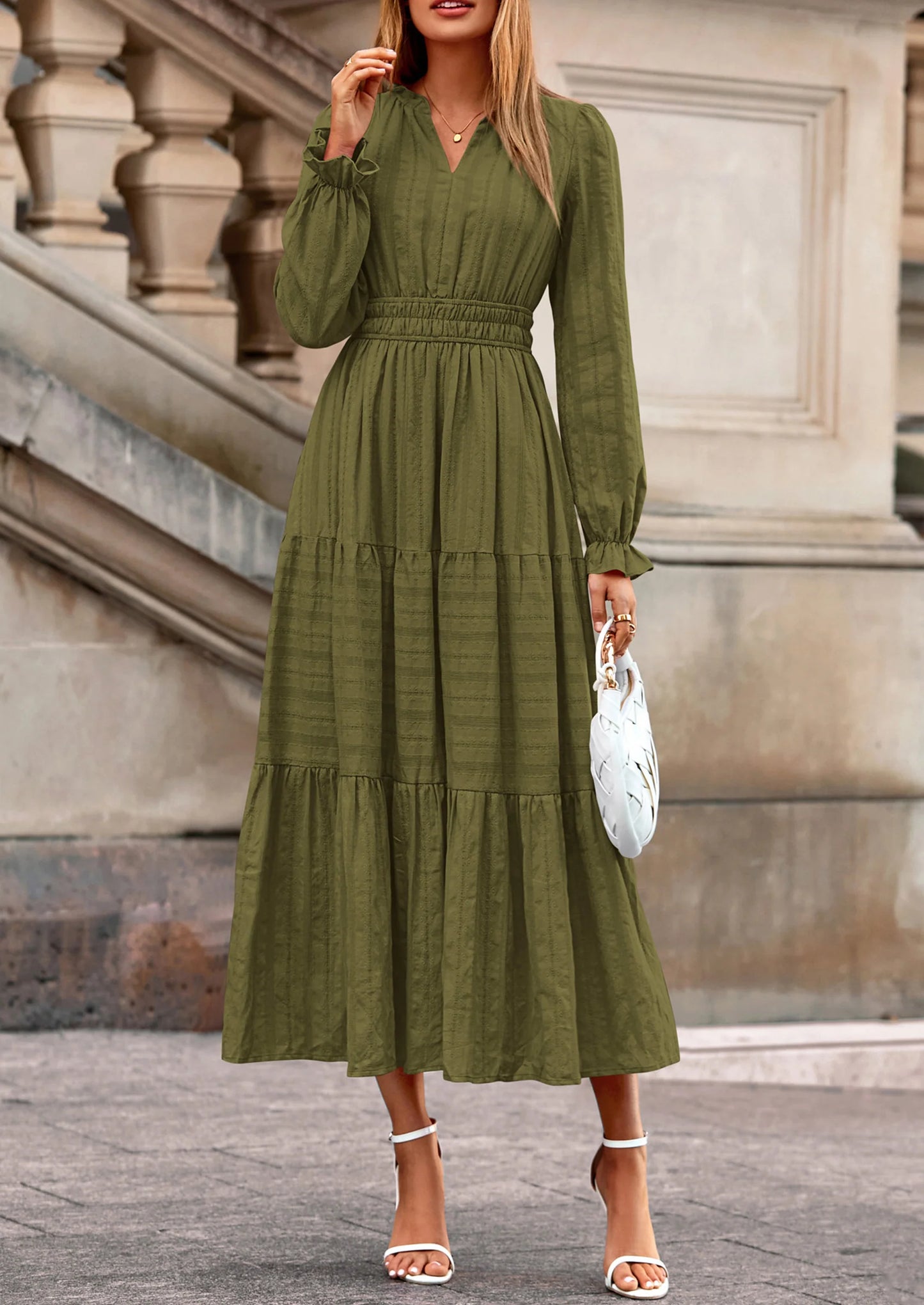 Women's Fall Wedding Guest Dresses Long Sleeve V Neck Flowy Elegant Holiday Party Maxi Dress with Pockets