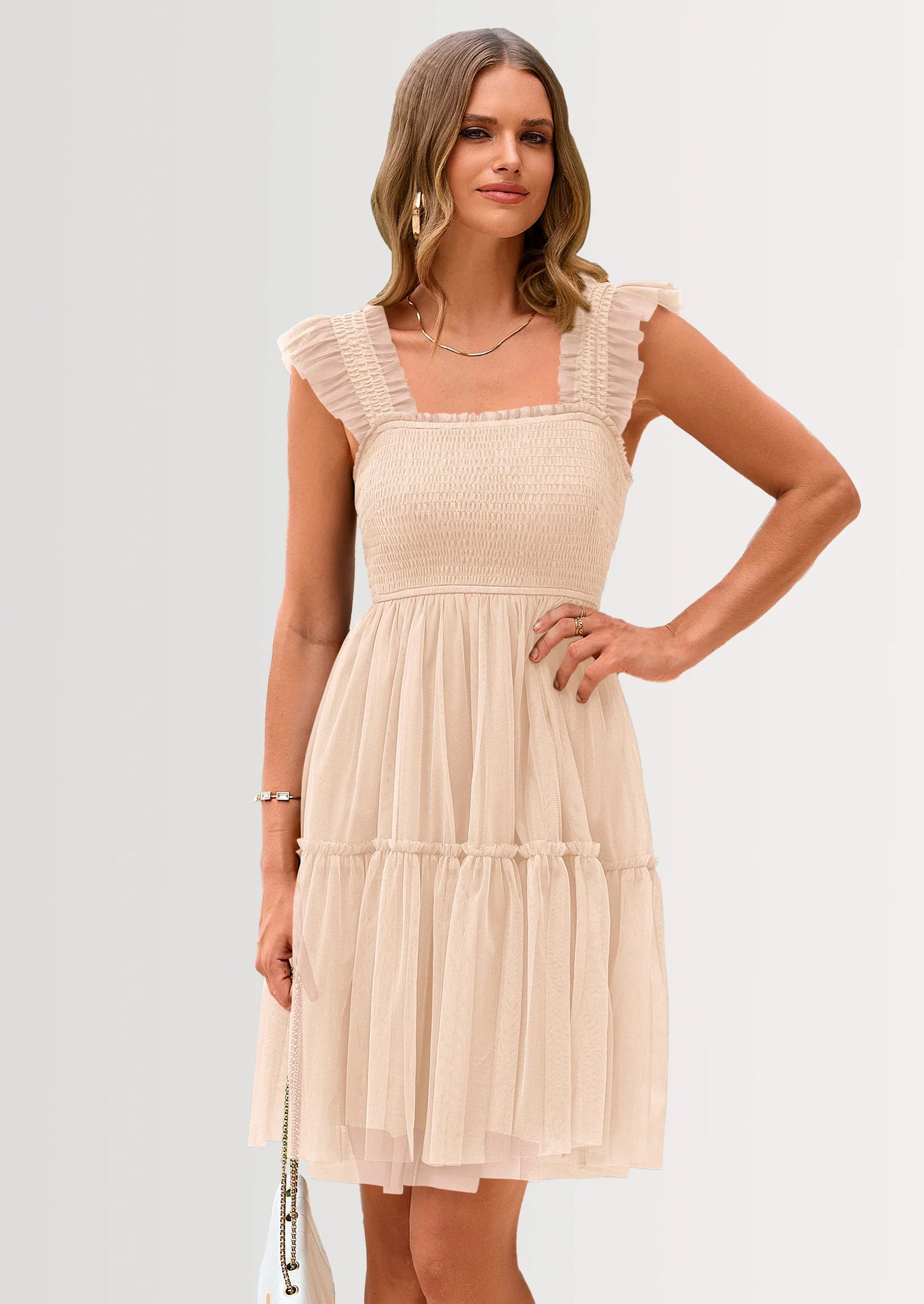 Womens Trendy Mini Summer Dresses Sleeveless Tulle Ruffle Square Neck Tiered Smocked Beach Vacation Dress